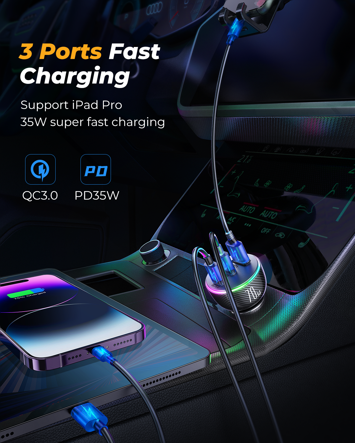 JR-CL26 70W 3-Port (2PD+1USB) Car Charger