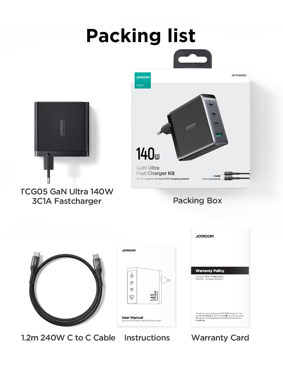 GaN Ultra JR-TCG05 140W 3C1A Fast Charger-Black+240W C to C Cable 1.2m