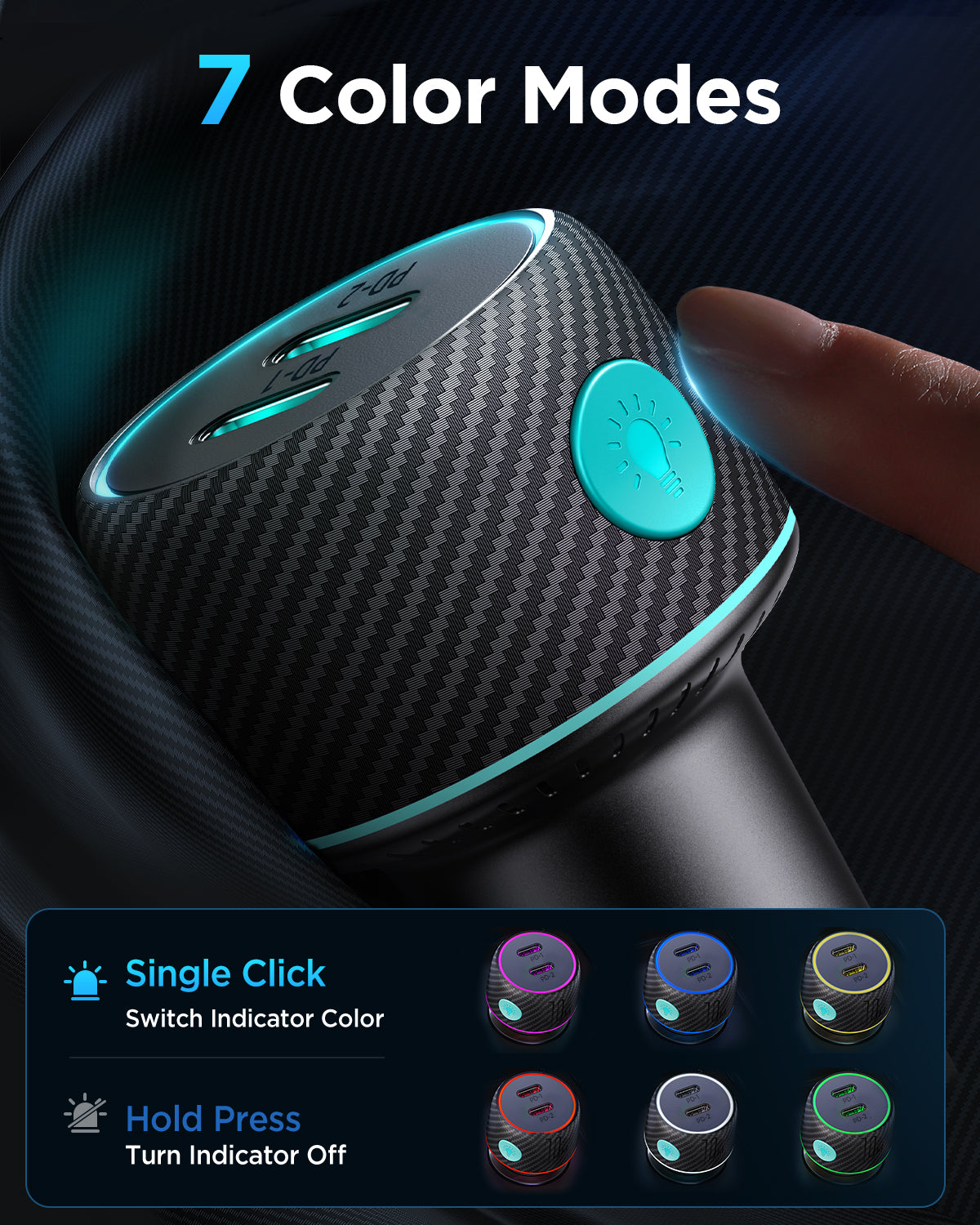 JR-CCN02 70W Dual PD Multi-Color Car Charger with Light Button-Black