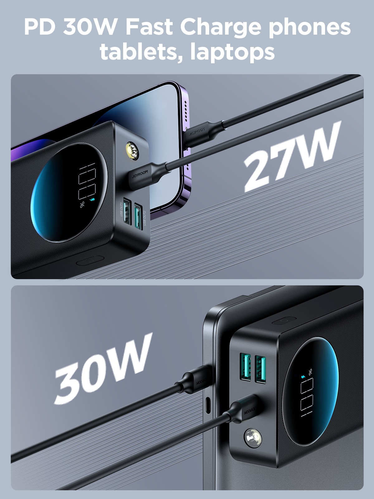 JR-PBF01/02/03 30W Power Bank 10000mAh/20000mAh/30000mAh-Black (With USB to Type-C Cable 0.25m-Black)