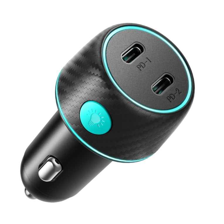 JR-CCN02 70W Dual PD Multi-Color Car Charger with Light Button-Black