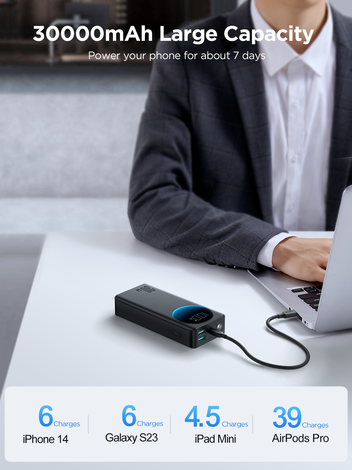 JR-PBF01/02/03 30W Power Bank 10000mAh/20000mAh/30000mAh-Black (With USB to Type-C Cable 0.25m-Black)