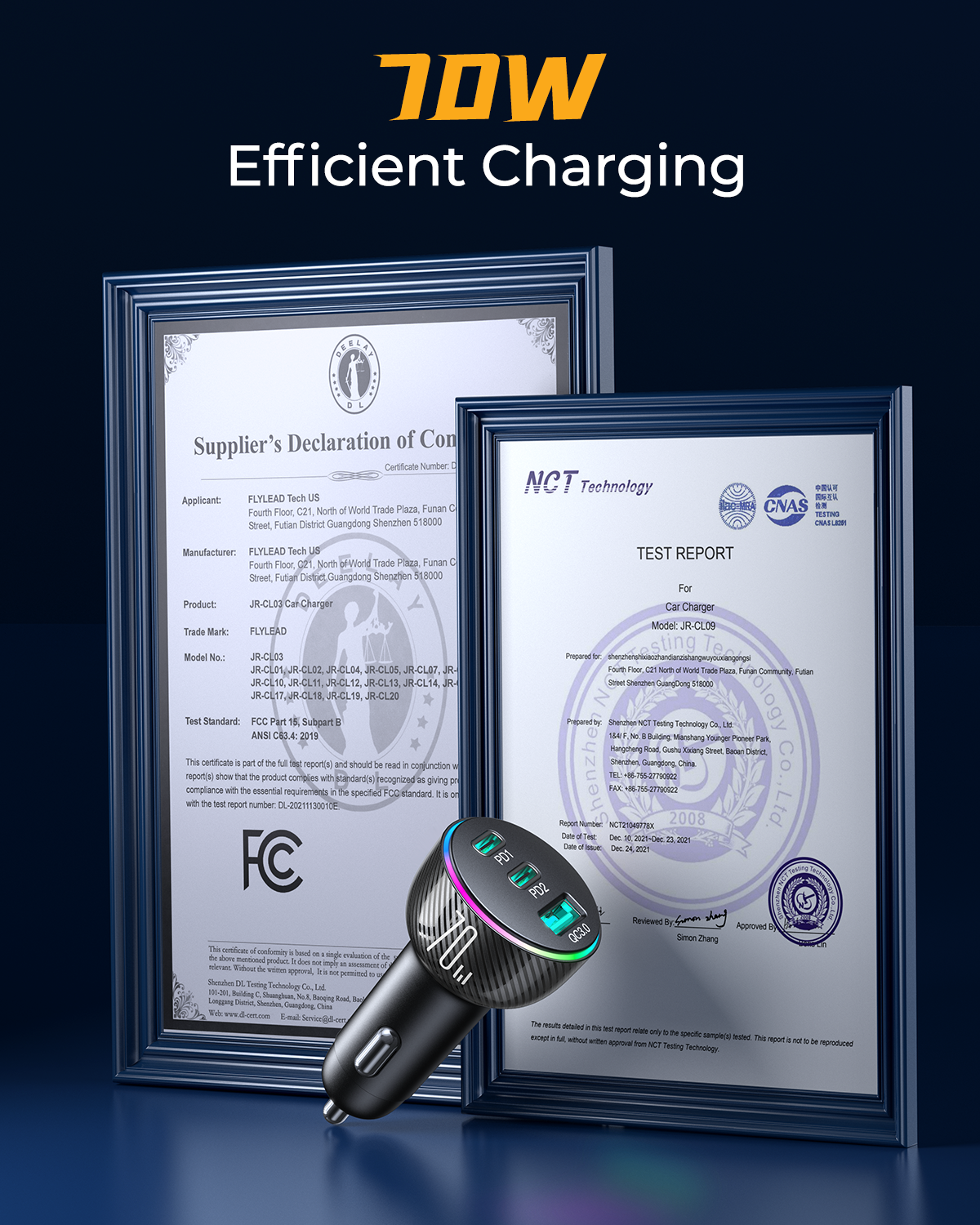 JR-CL26 70W 3-Port (2PD+1USB) Car Charger