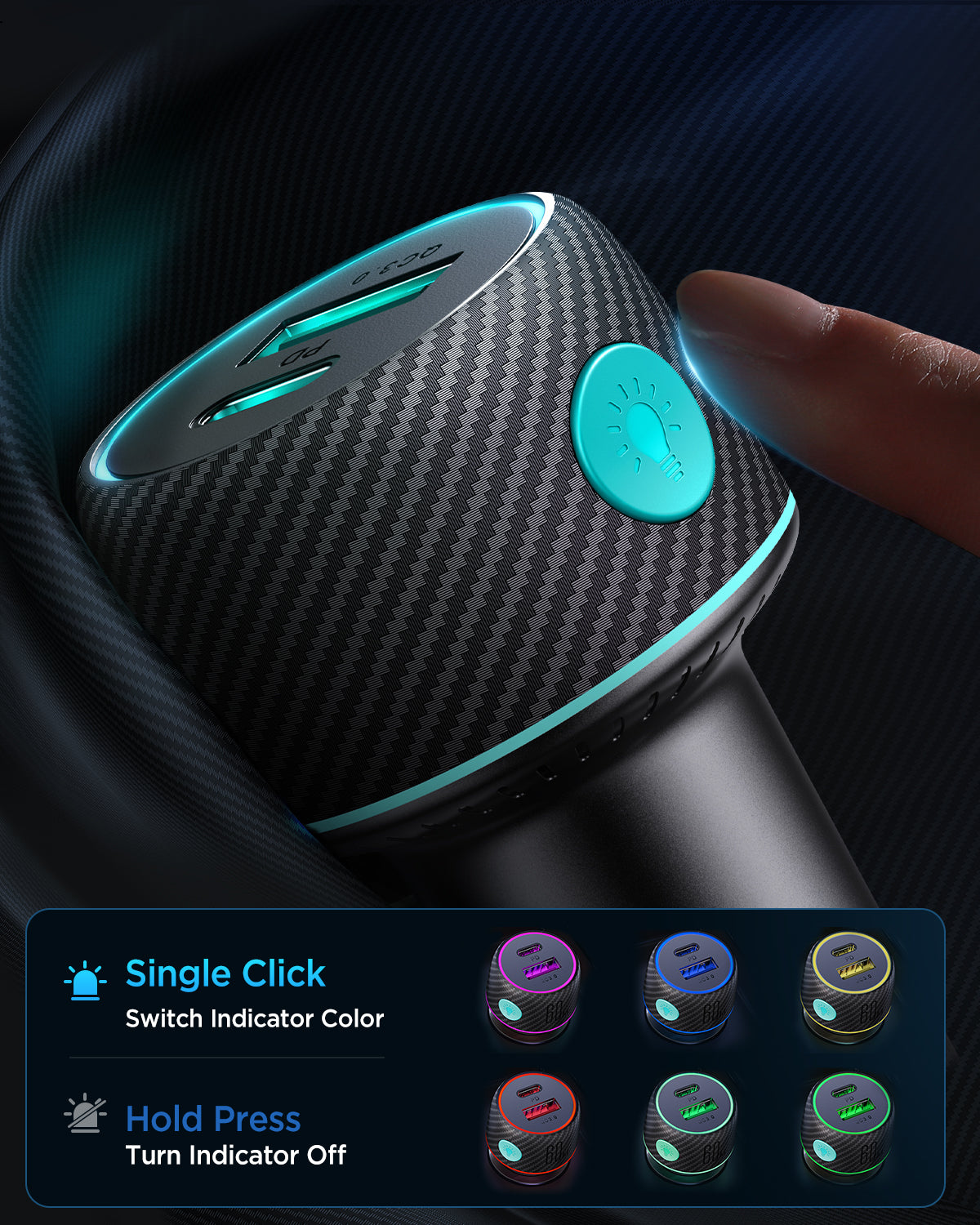 JR-CCN01 60W 1A+1C Multi-Color Car Charger with Light Button
