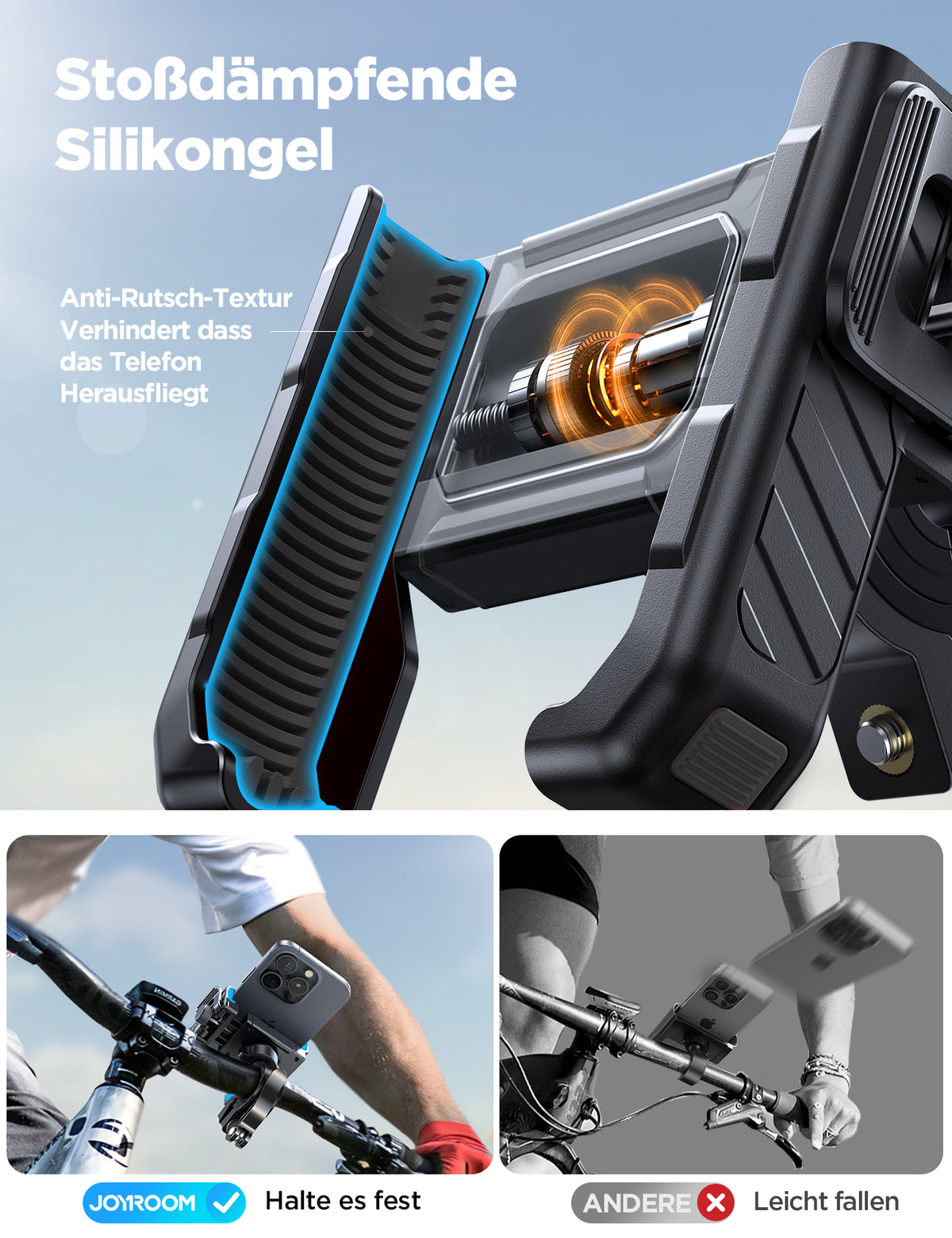JOYROOM 2026 Fahrrad Handyhalterung, Anti Shake Stoßdämpfender mit 1S Schnellverschluss, Universelle Handyhalterung Motorrad für 4.7-7.0 Zoll Smartphones, Kompatibel für iPhone 17 & Samsung, Schwarz