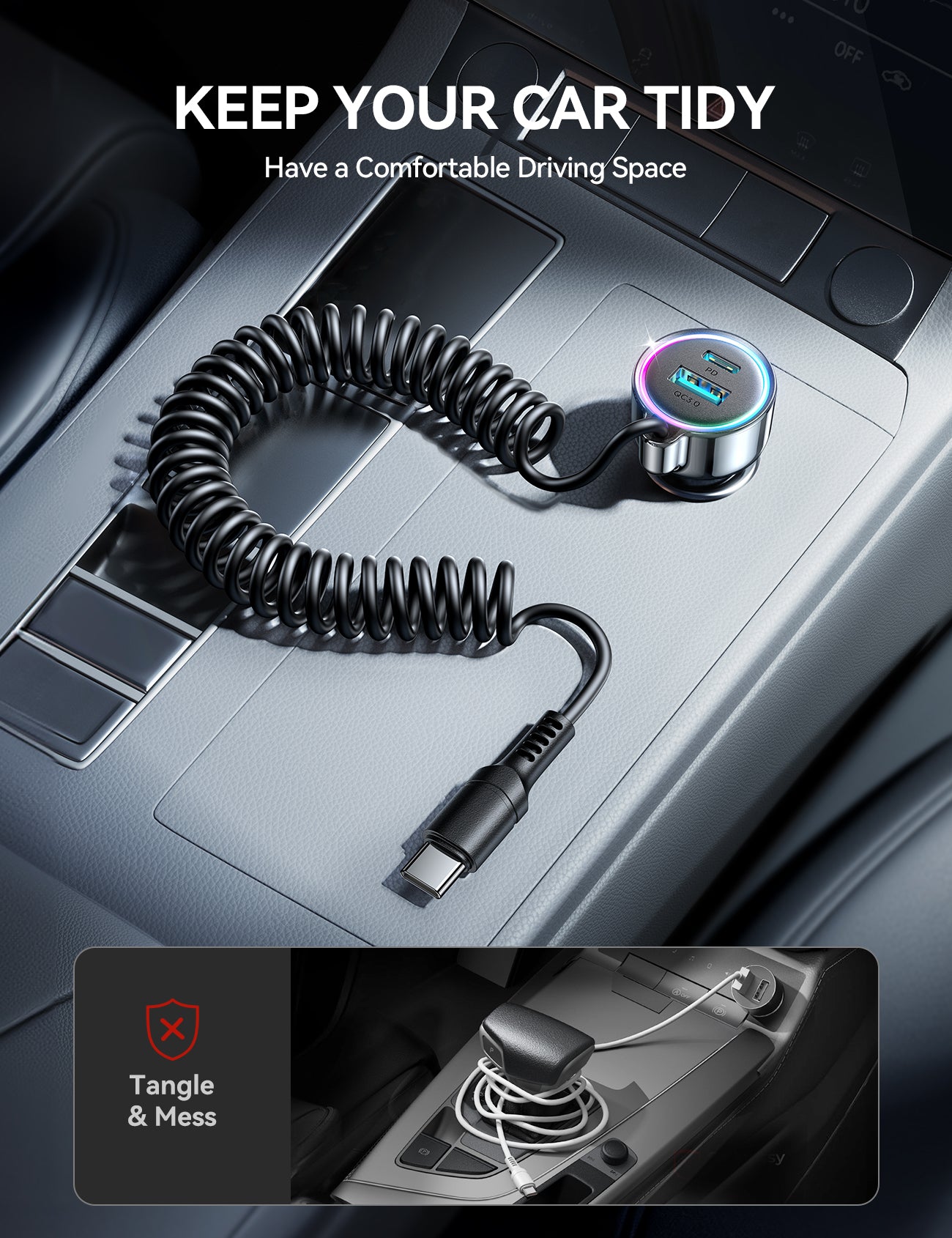 JOYROOM JR-CL07 90W 3-in-1 Wired Car Charger (Type-C)