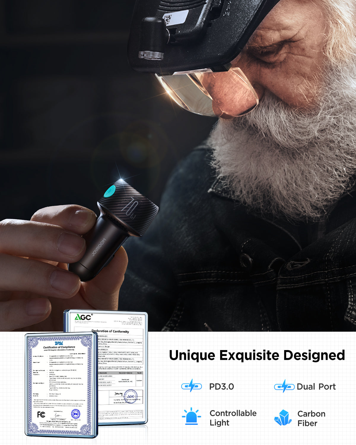 JR-CCN02 70W Dual PD Multi-Color Car Charger with Light Button-Black