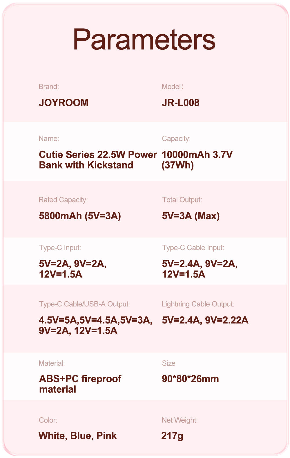 JR-L008 Cutie Series 22.5W Power Bank with Kickstand 10000mAh (With USB to Type-C 0.25m Cable)