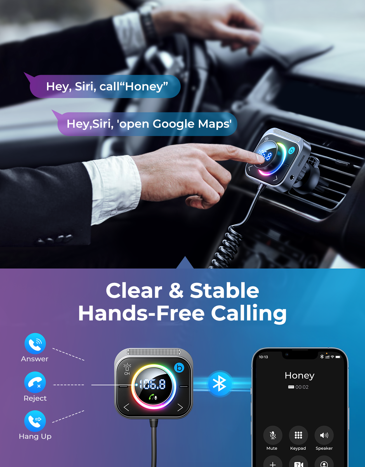 JOYROOM【Air Vent Installation & Bass Boost】 3 Ports PD&QC 3.0 FM Transmitter for Car, Radio Bluetooth Receiver for Car HD Calling and Enjoy Music