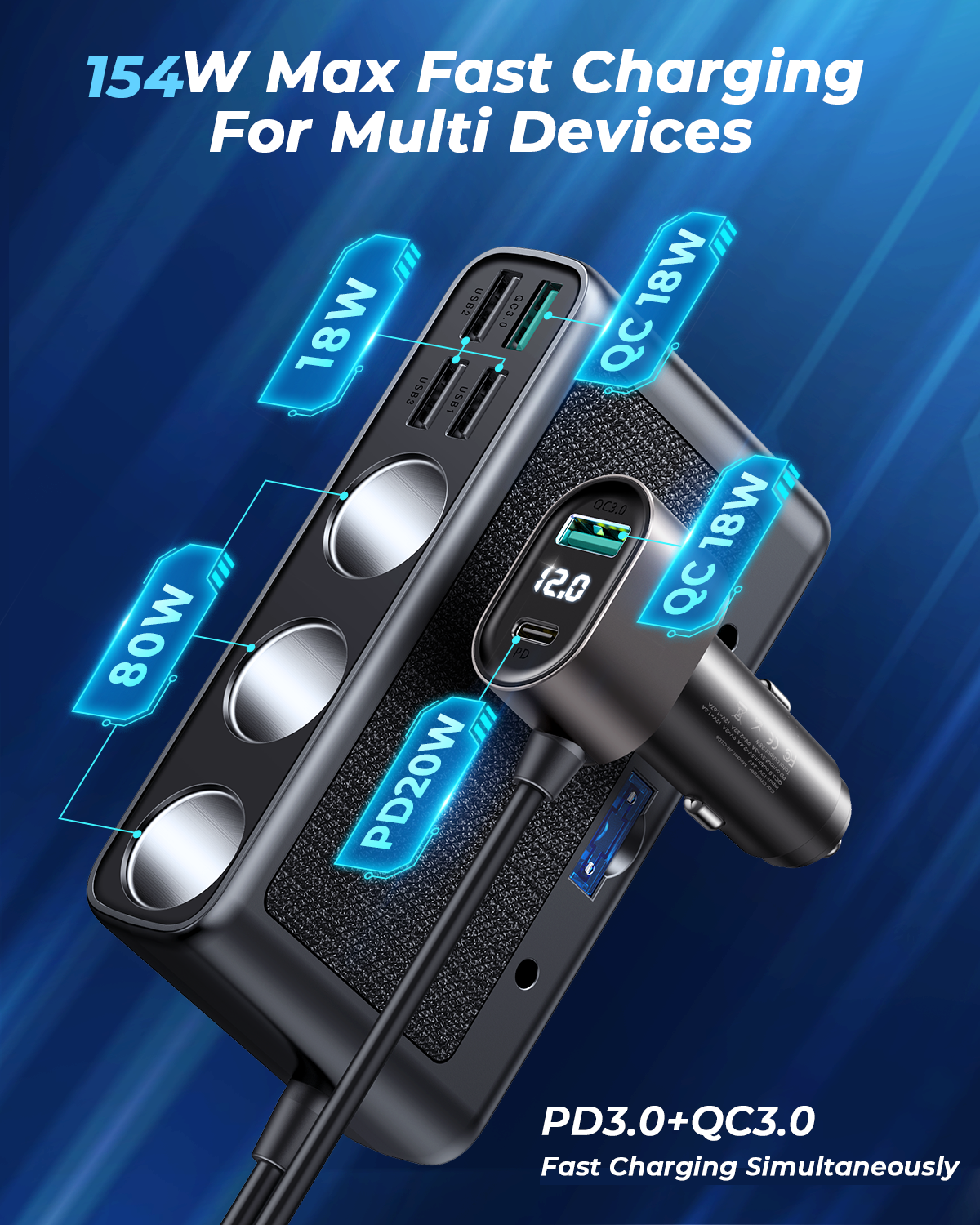 154W Car cigarette lighter adapter with three sockets +six ports (PD+QC3.0+USB*4)