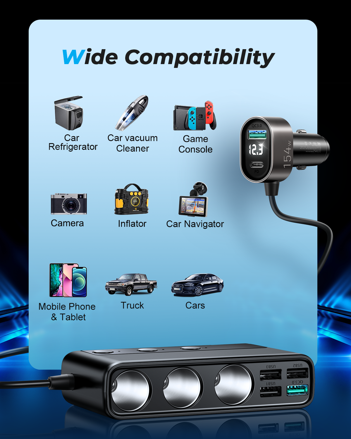 154W Car cigarette lighter adapter with three sockets +six ports (PD+QC3.0+USB*4)