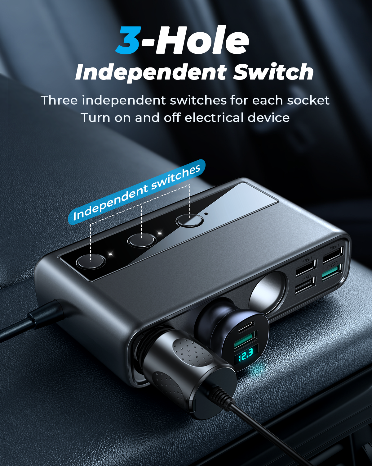 154W Car cigarette lighter adapter with three sockets +six ports (PD+QC3.0+USB*4)