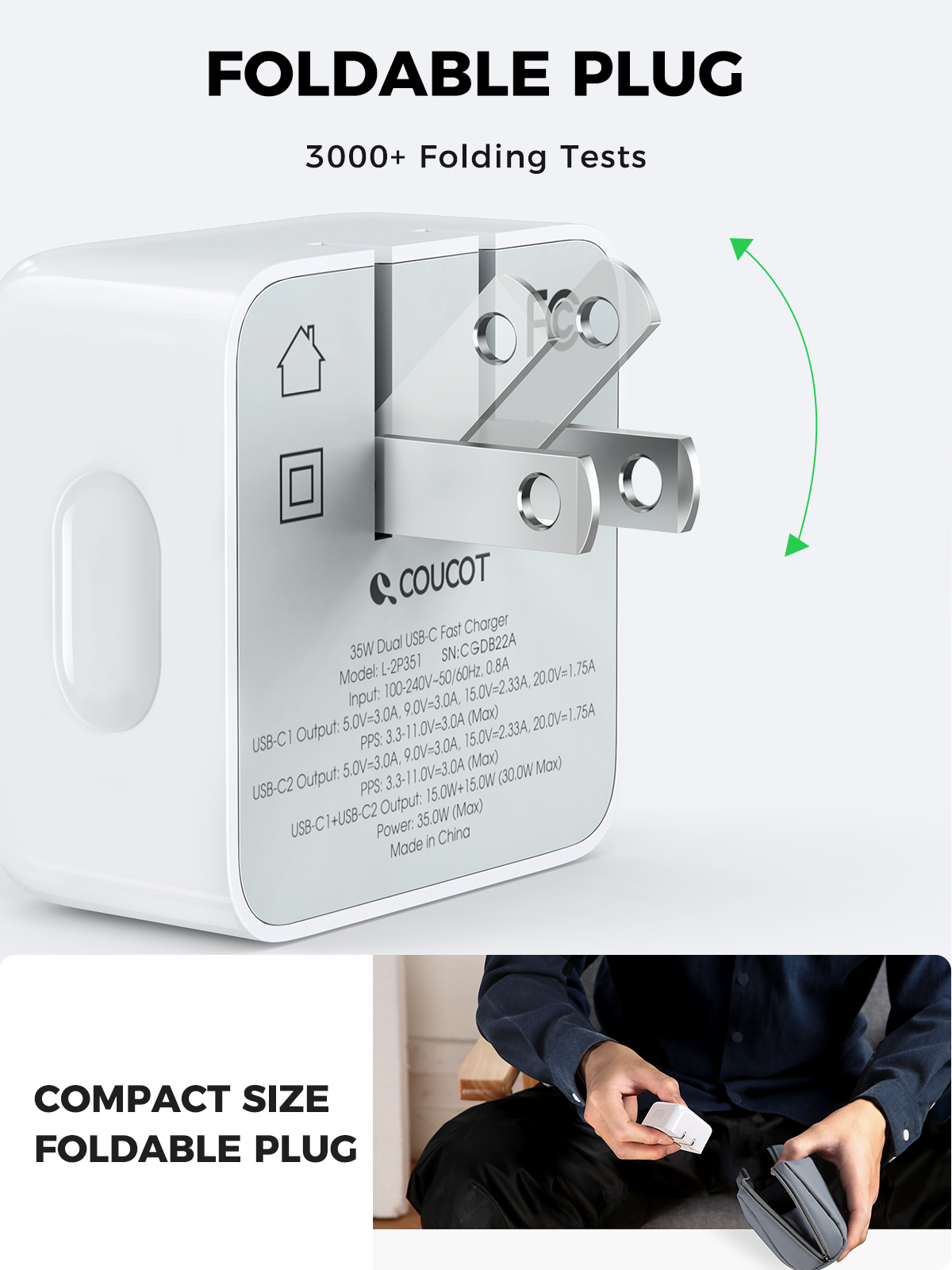 L-2P351 35W Dual USB-C Wall Charger, PD 3.0 35W Foldable USB Plug iPad Charger Cube for iPhone 13/ iPhone 13 Pro Max/iPhone 12/11, iPad and More (Cable Not Included)