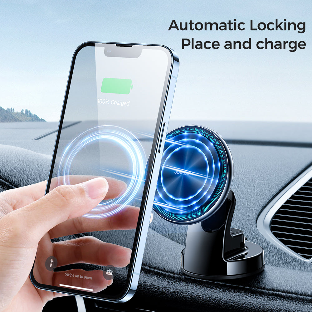 JR-ZS290 Magnetic Wireless Car Charger Holder with LED Letter Ring -Silver