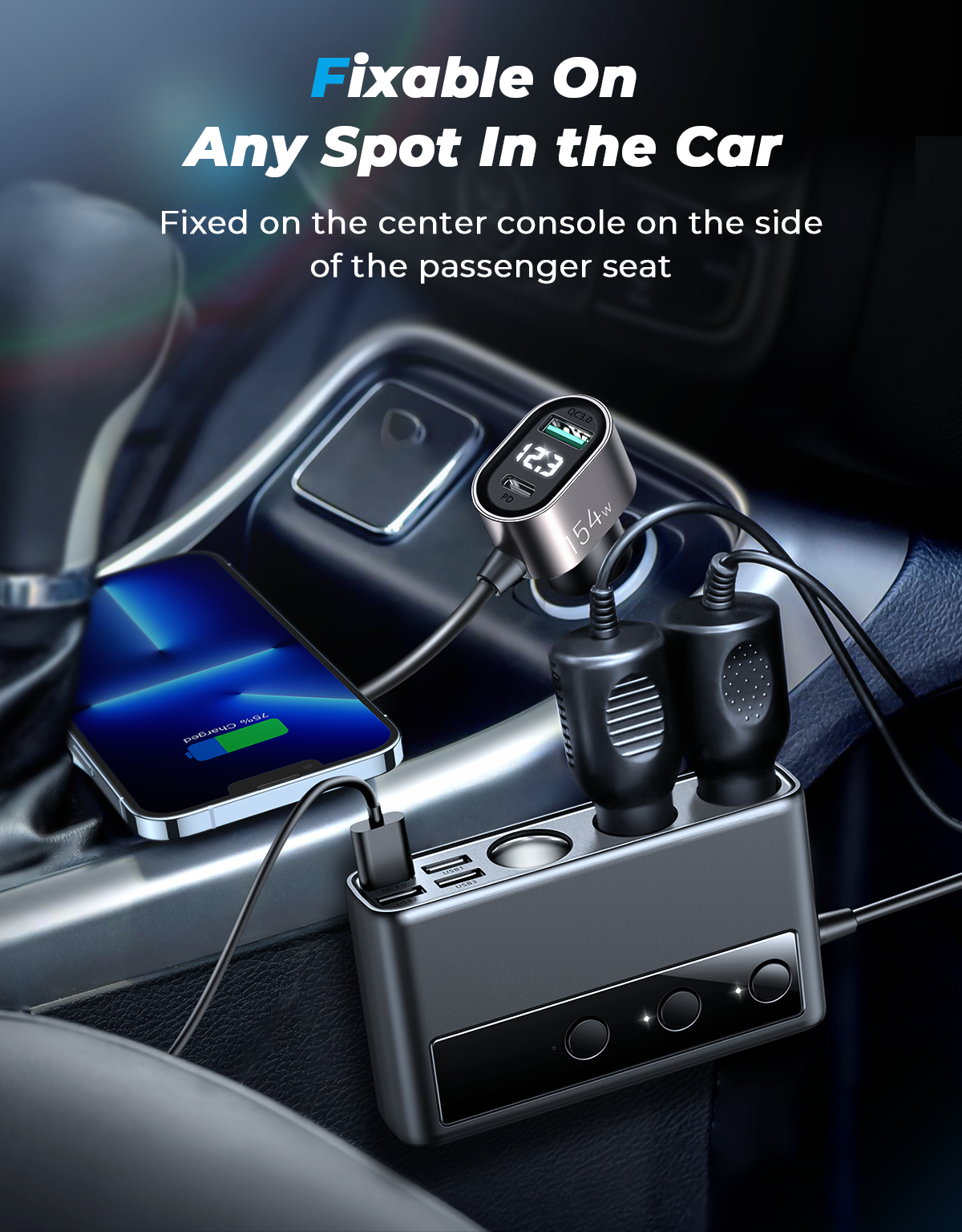 154W Car cigarette lighter adapter with three sockets +six ports (PD+QC3.0+USB*4)