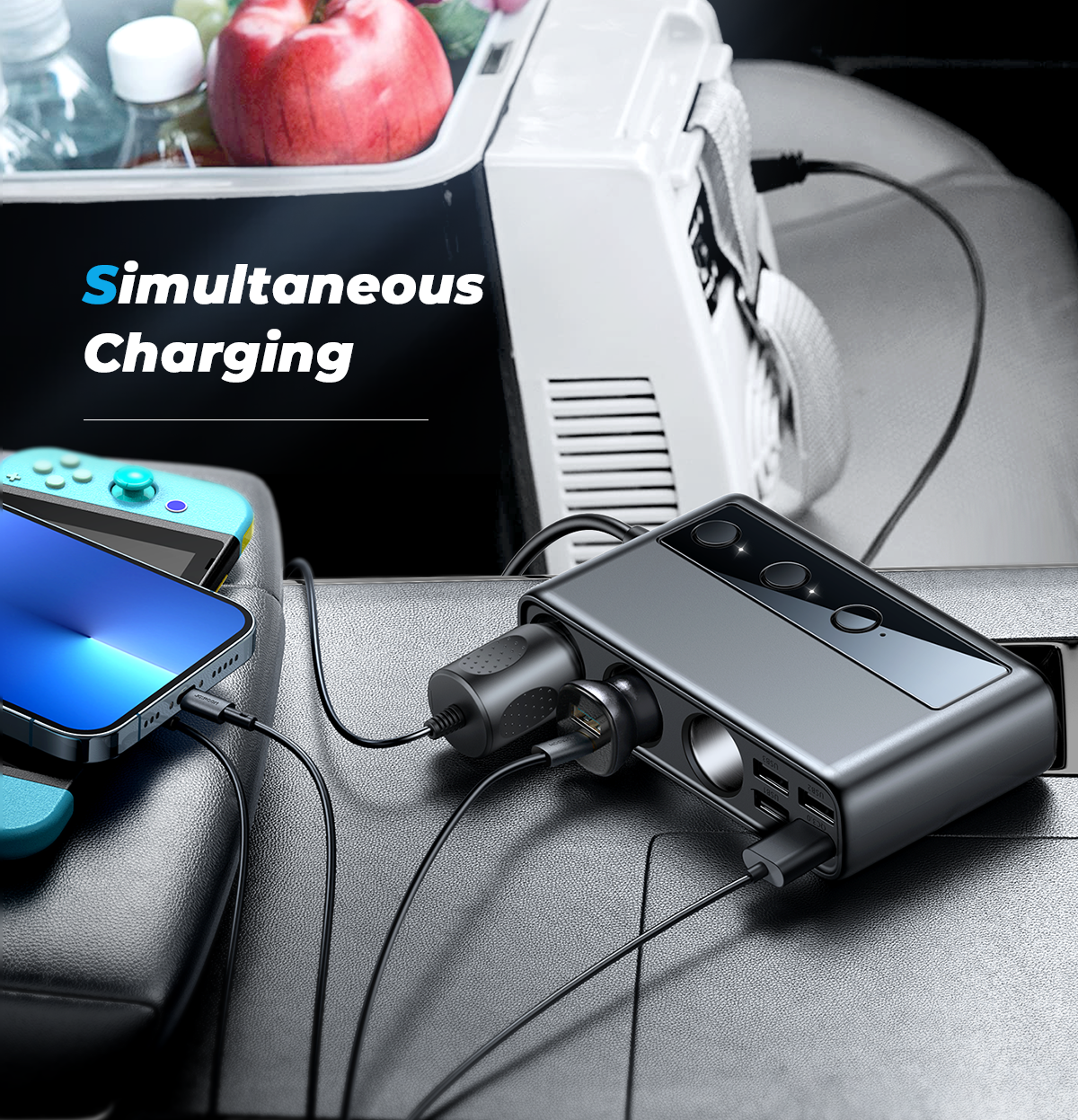 154W Car cigarette lighter adapter with three sockets +six ports (PD+QC3.0+USB*4)