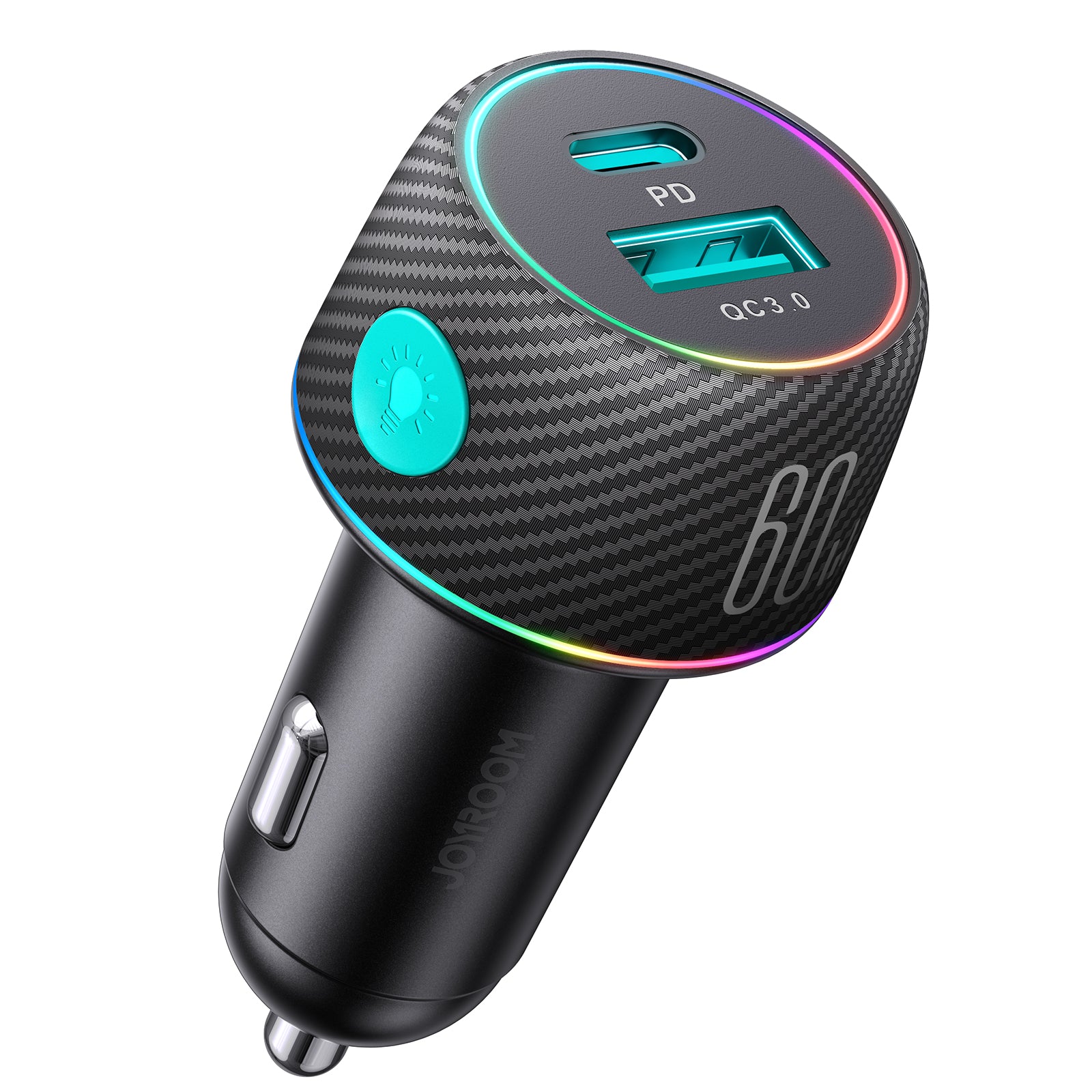 JR-CCN01 60W 1A+1C Multi-Color Car Charger with Light Button