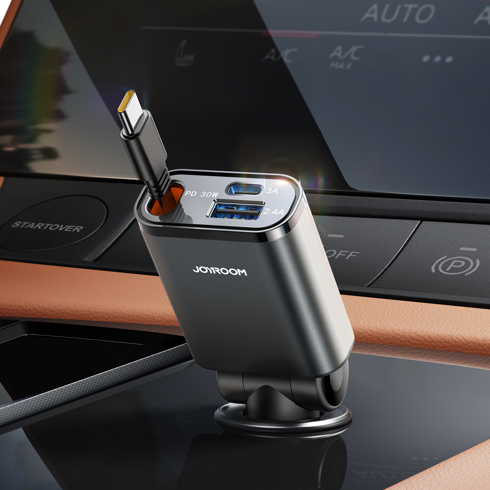 JR-CCL07 3-in-1 Retractable Car Charger-Dark Grey  B2B
