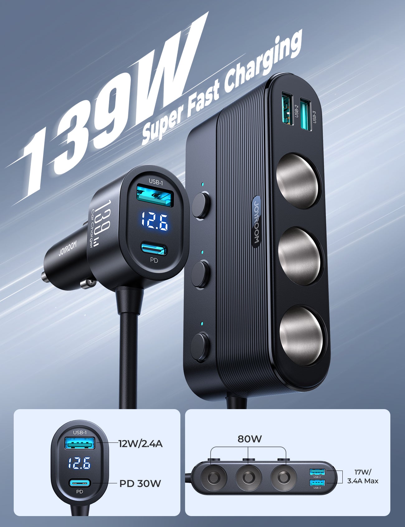JR-CCL01 139W 7 in 1 Cigarette Lighter Splitter Car Charger-B2B