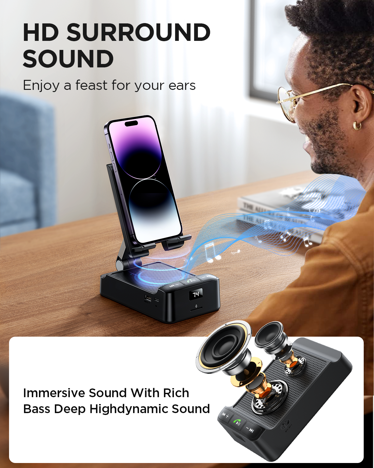 JR-MH01 Wireless Speaker with Phone Holder Black