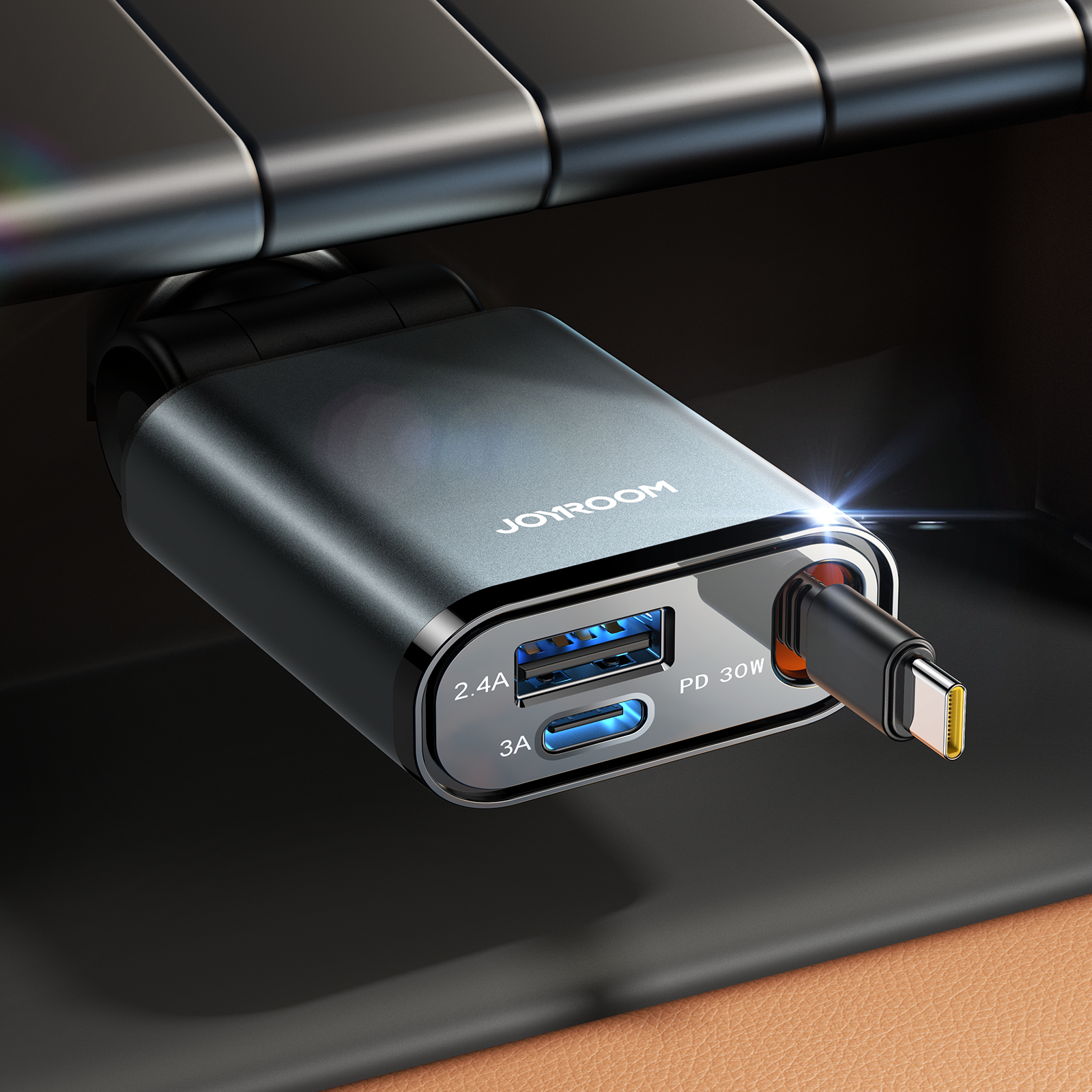 JR-CCL07 3-in-1 Retractable Car Charger-Dark Grey  B2B