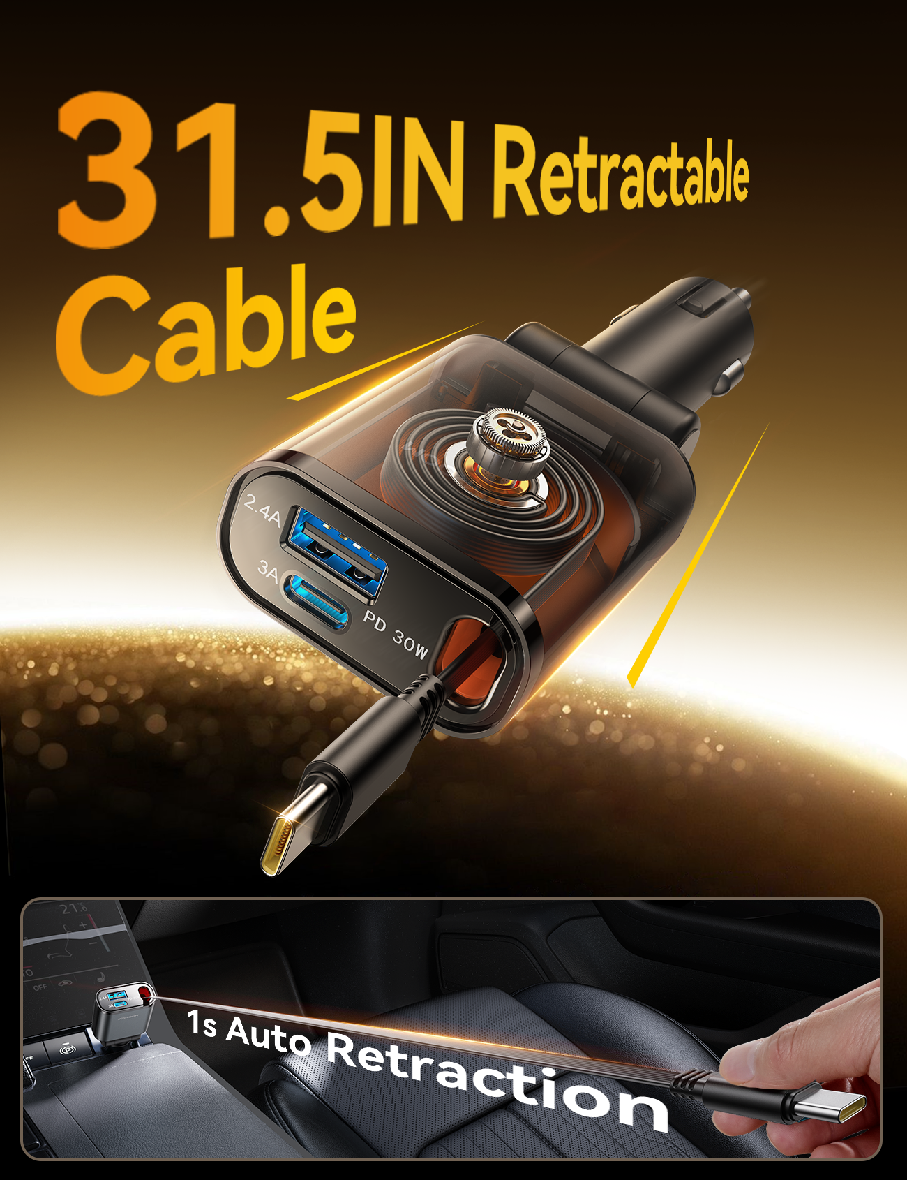 JR-CCL07 3-in-1 Retractable Car Charger-Dark Grey  B2B