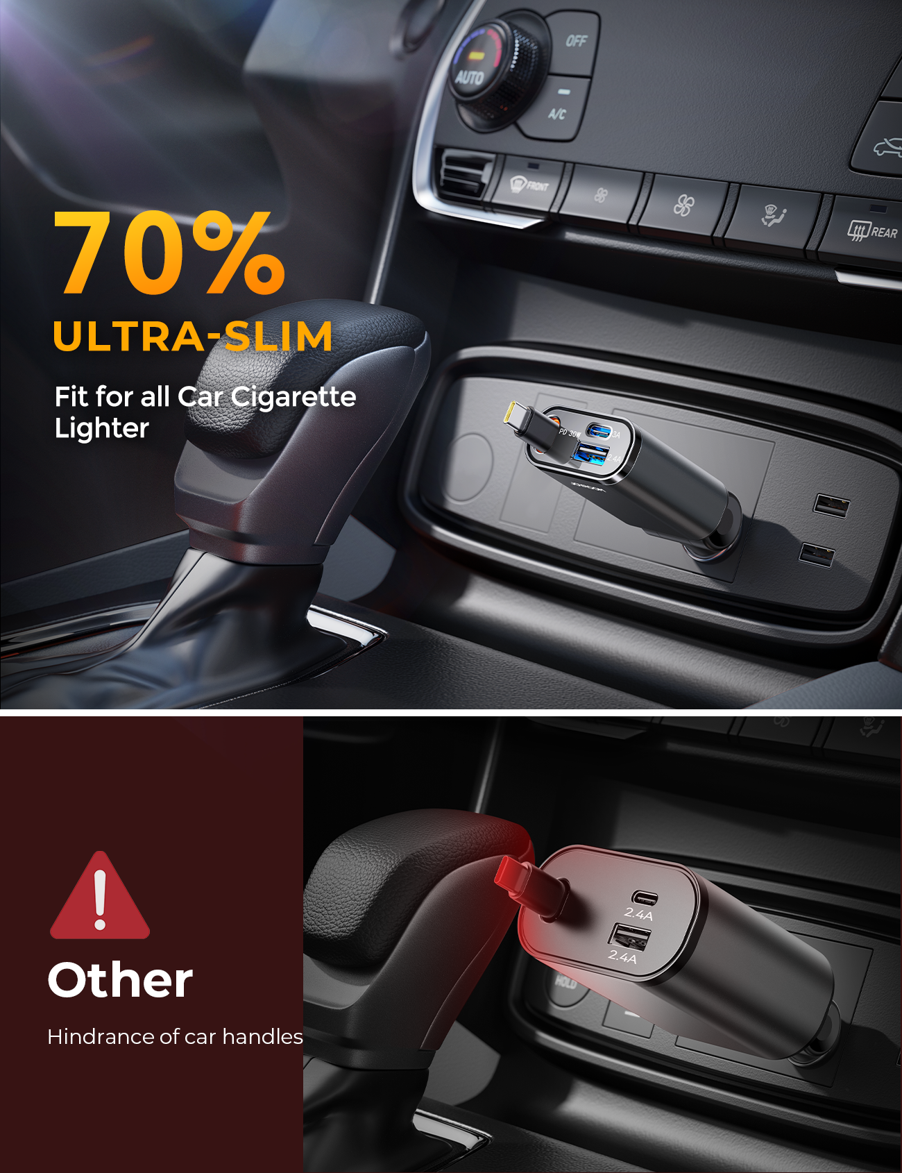JR-CCL07 3-in-1 Retractable Car Charger-Dark Grey  B2B