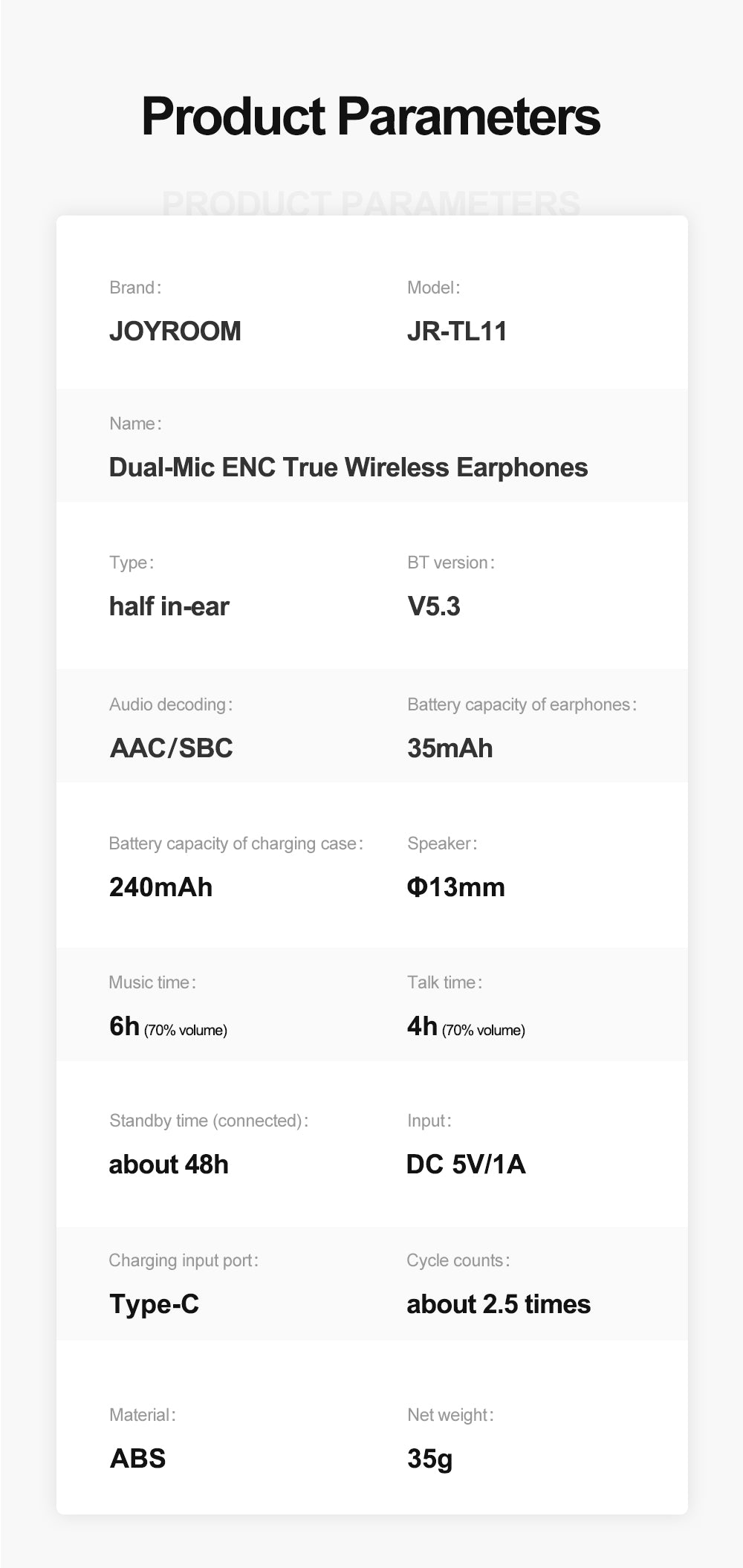 JR-TL11 Dual-Mic ENC True Wireless Earphones