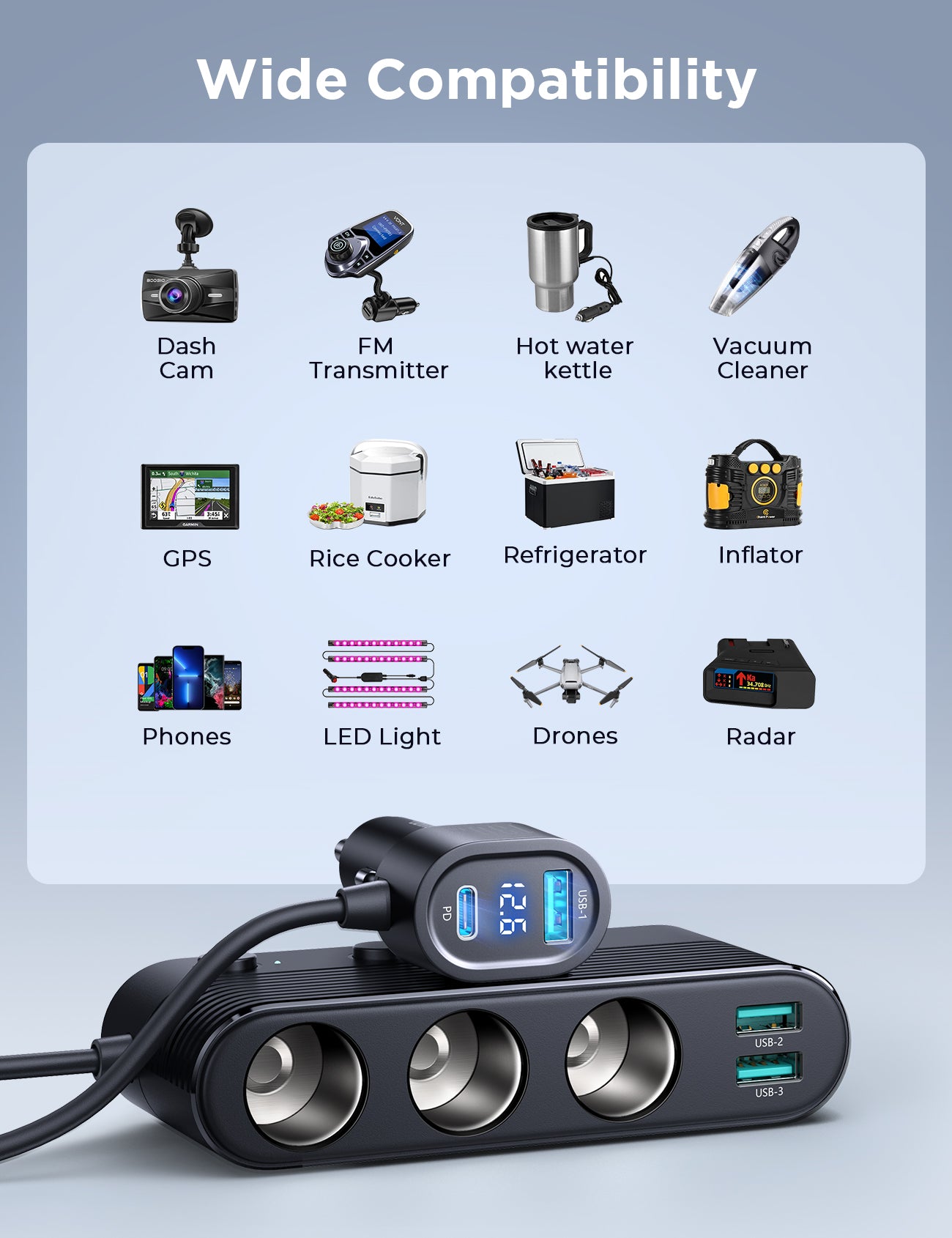 JR-CCL01 139W 7 in 1 Cigarette Lighter Splitter Car Charger-B2B