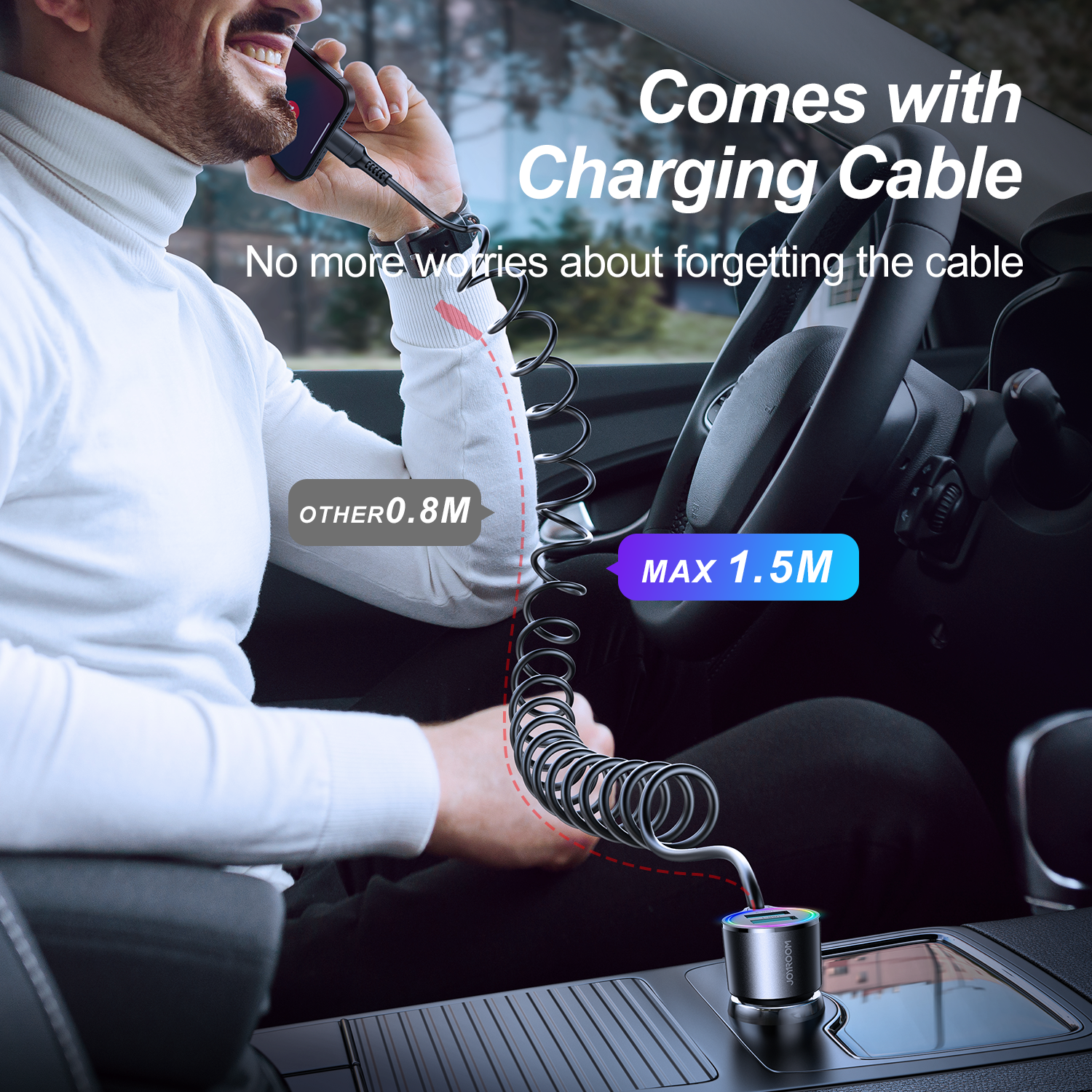 JR-CL24 3.4A 3-in-1 Car Charger with Coiled Type-C Cable