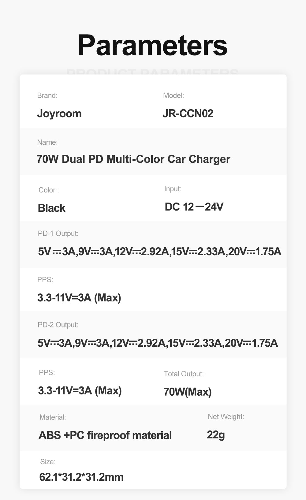 JR-CCN02 70W Dual PD Multi-Color Car Charger with Light Button-Black