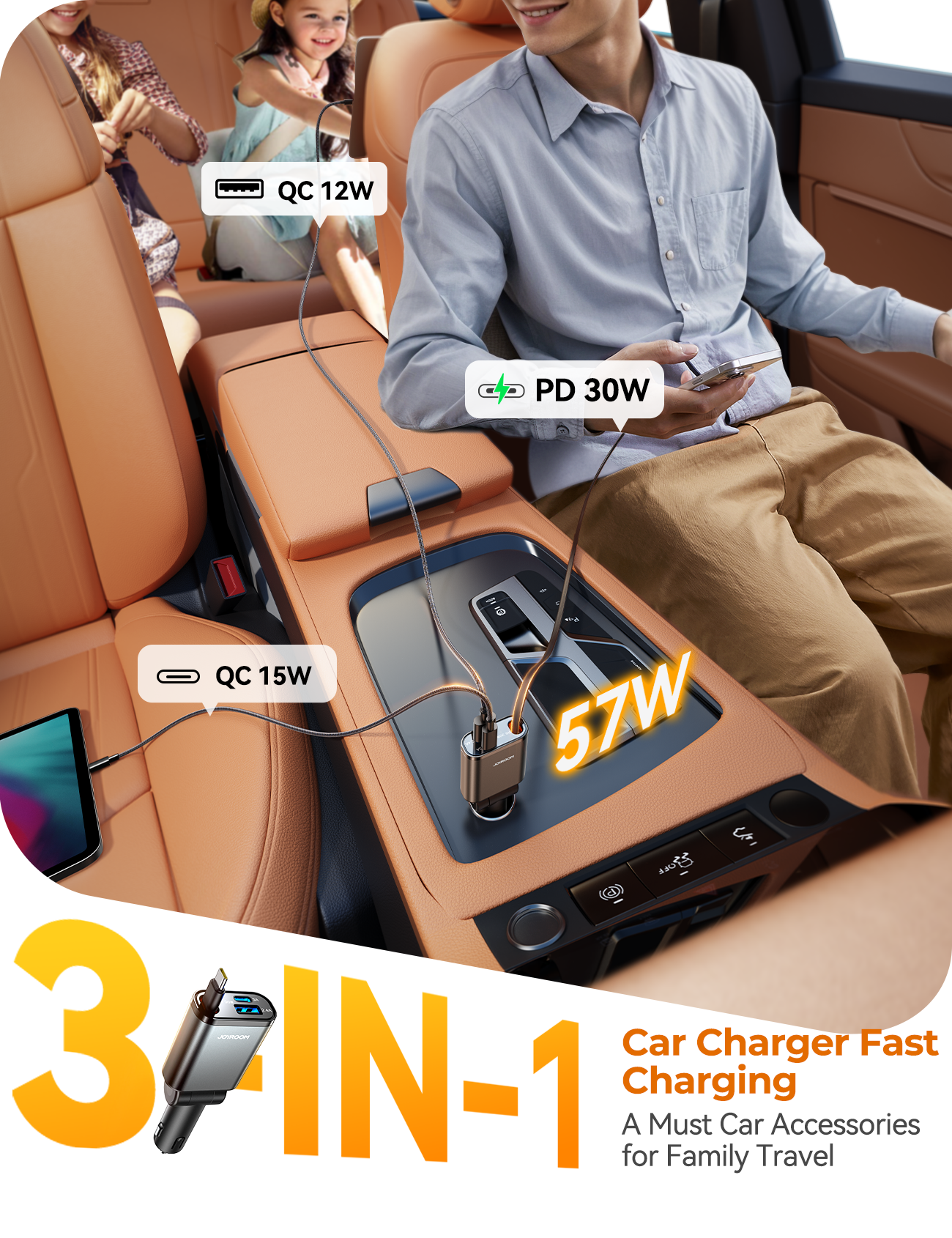 JR-CCL07 3-in-1 Retractable Car Charger-Dark Grey  B2B