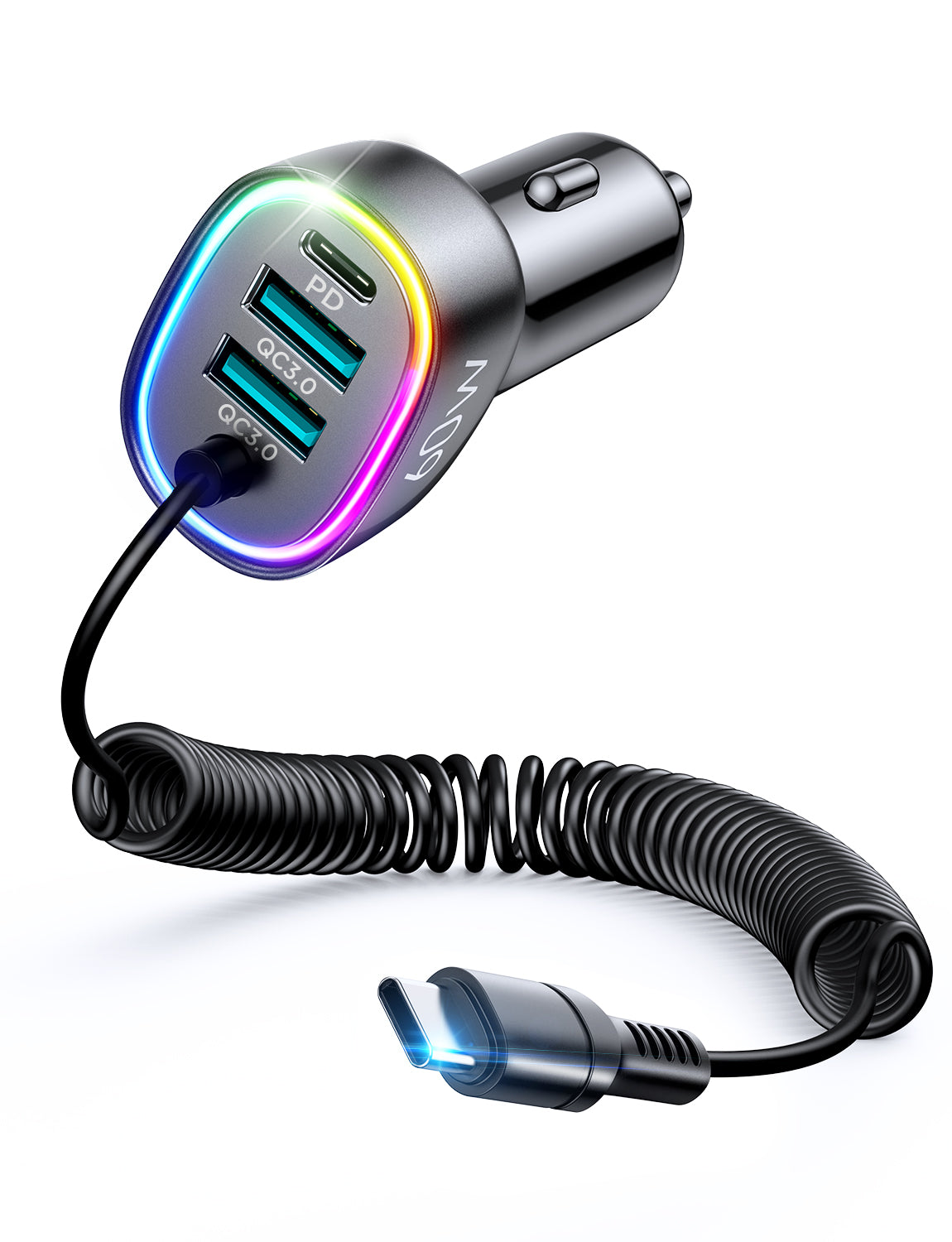 JR-CL19 60W 4-in-1 Car Charger with Coiled Type-C Cable