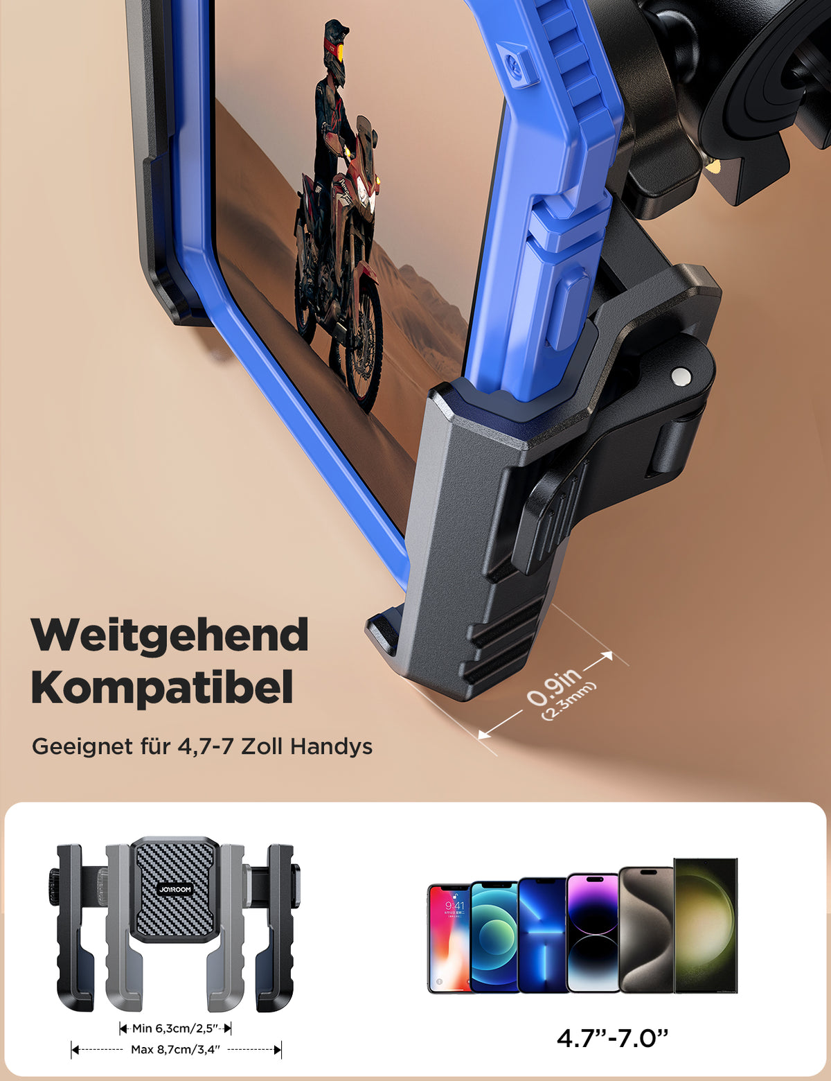 JOYROOM 2026 Fahrrad Handyhalterung, Anti Shake Stoßdämpfender mit 1S Schnellverschluss, Universelle Handyhalterung Motorrad für 4.7-7.0 Zoll Smartphones, Kompatibel für iPhone 17 & Samsung, Schwarz