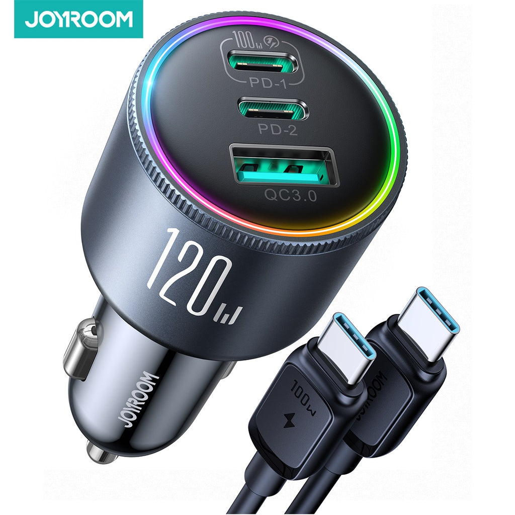 JR-CCN07 120W 3-Port (2PD+1QC3.0) Car Charger-Dark Gray（with C TO C 10