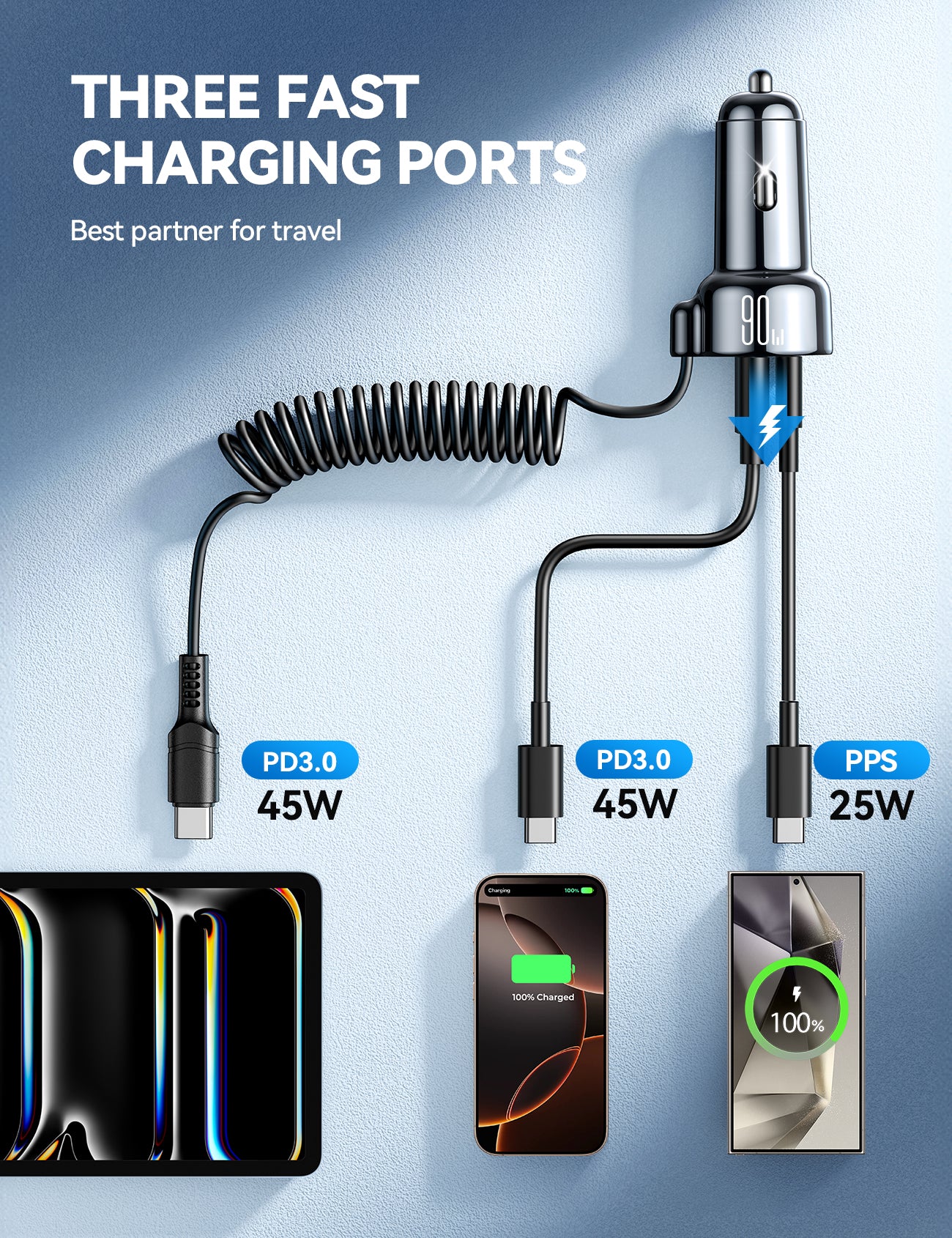 JOYROOM JR-CL07 90W 3-in-1 Wired Car Charger (Type-C)