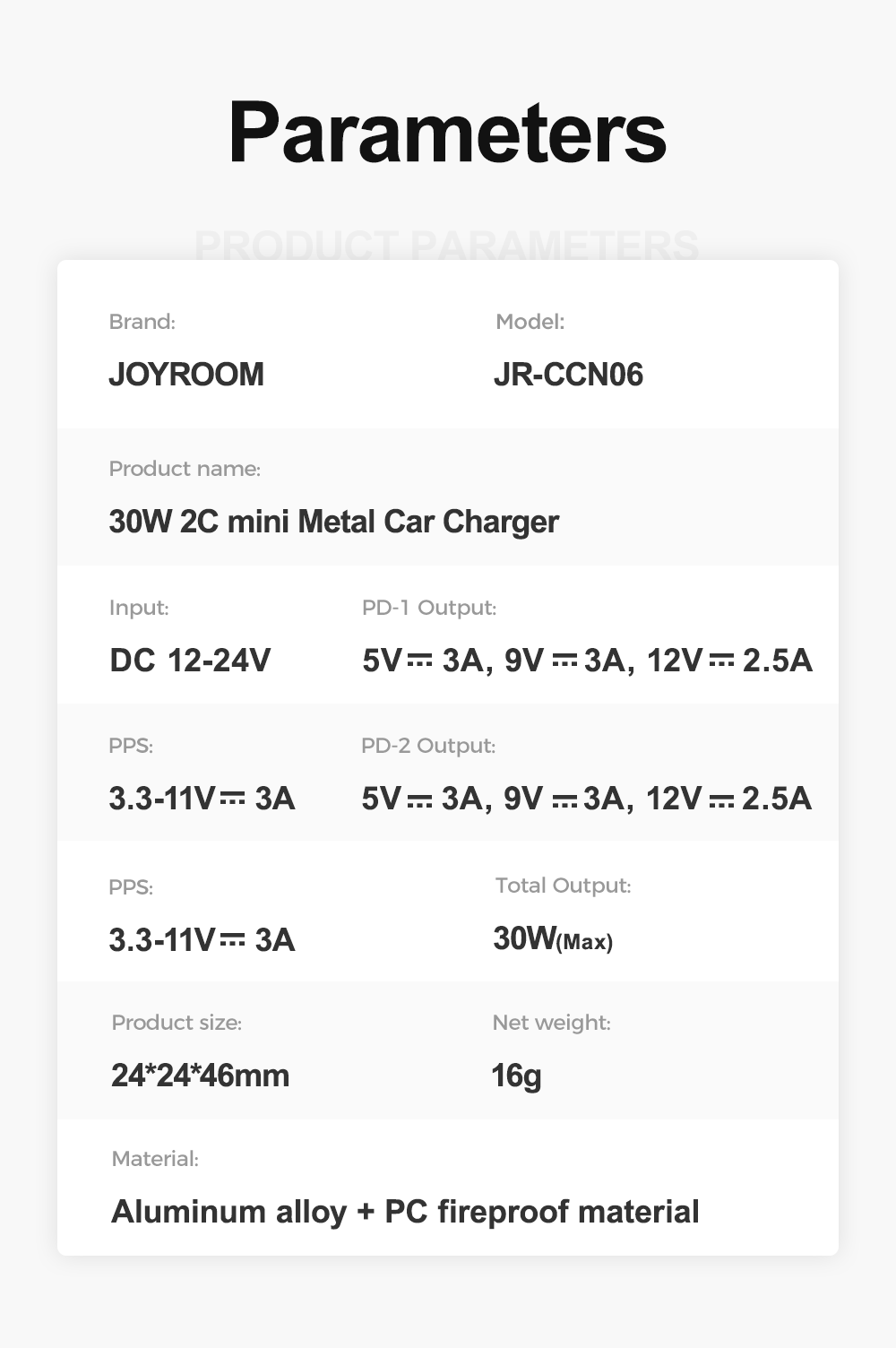JR-CCN06 30W 2C mini Metal Car Charger