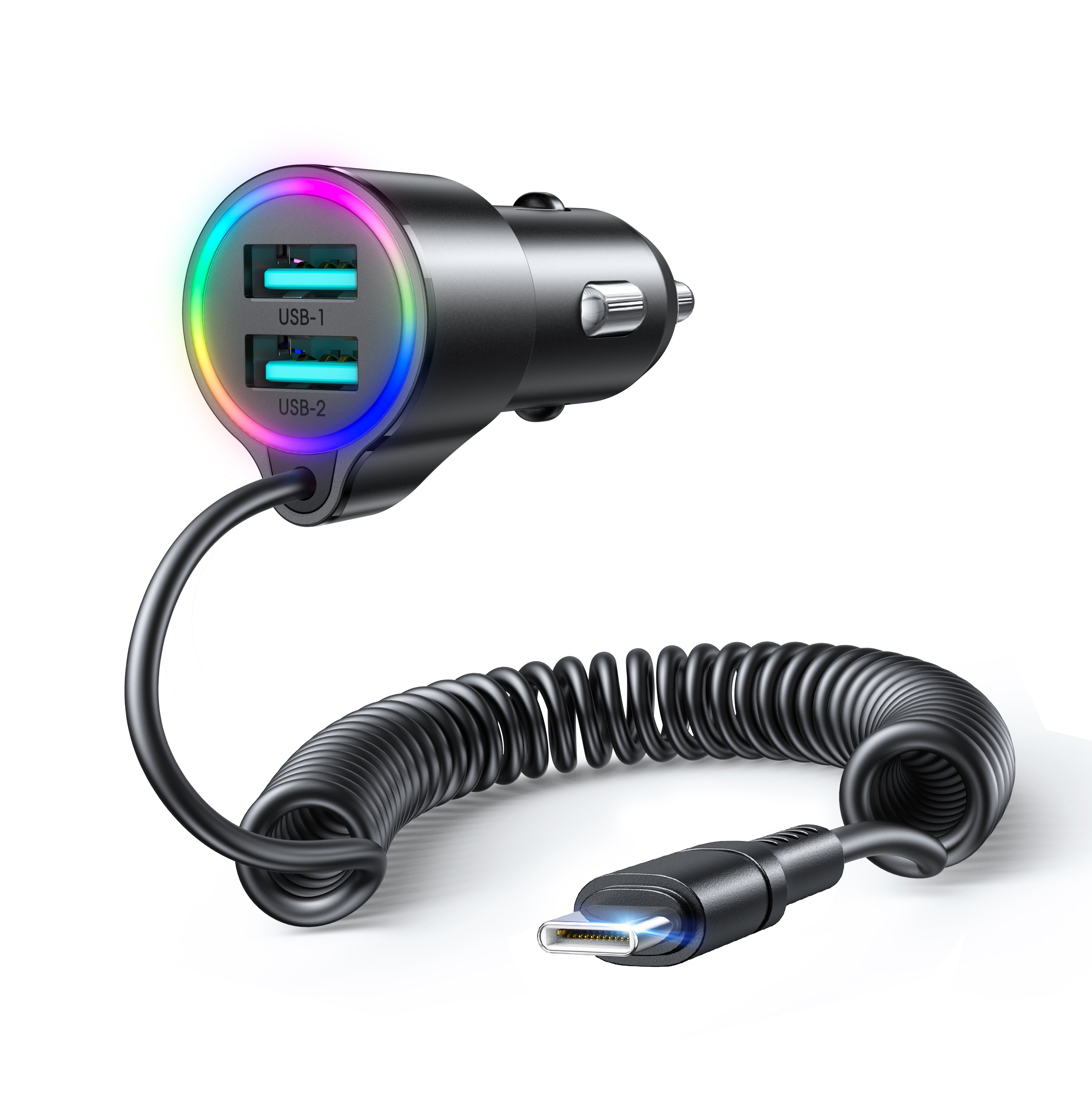 JR-CL24 JR-CL25 3.4A 3-in-1 Car Charger with Coiled Type-C Cable/ Lightning Cable
