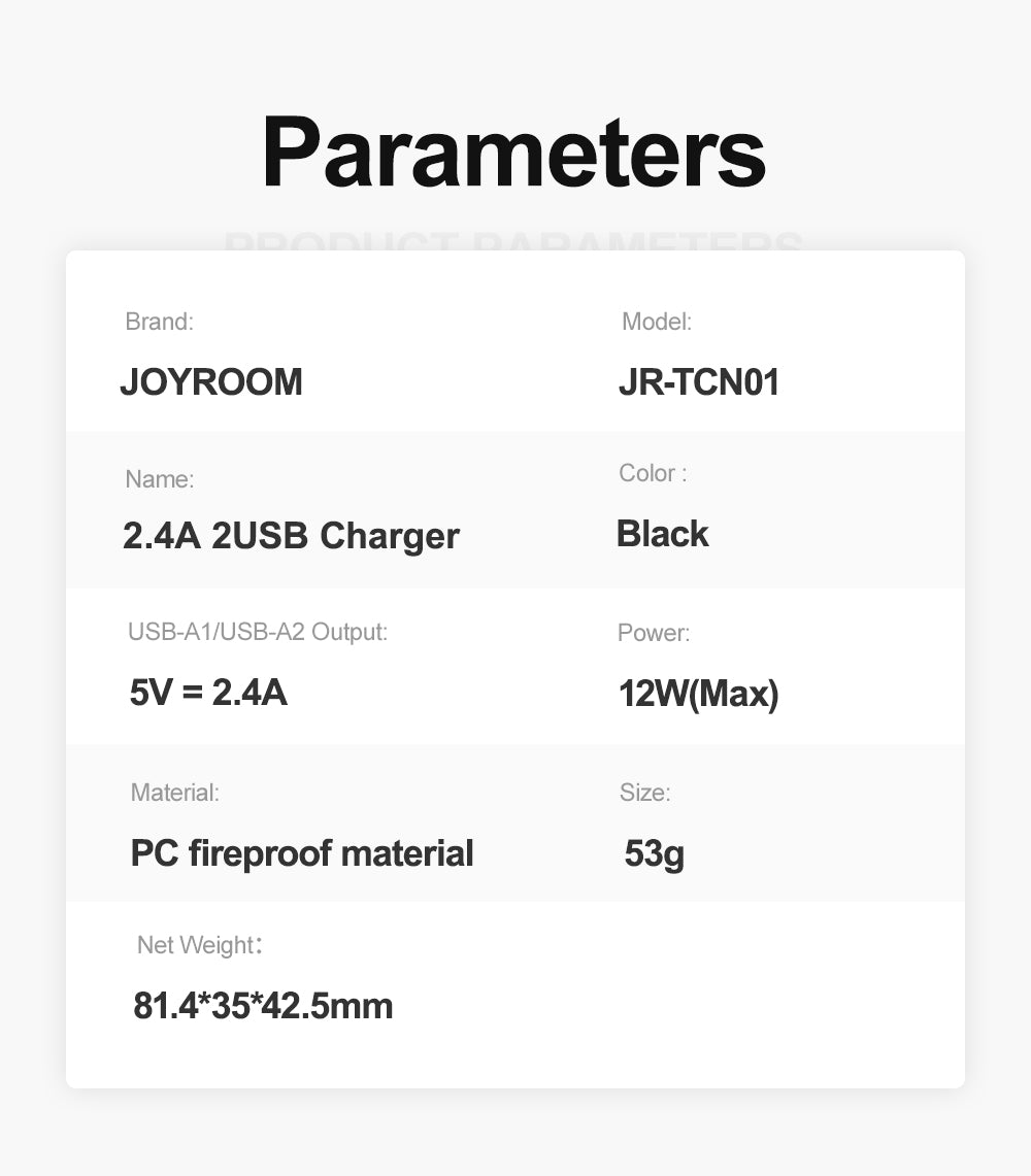 JR-TCN01 2.4A 2USB Charger-Black