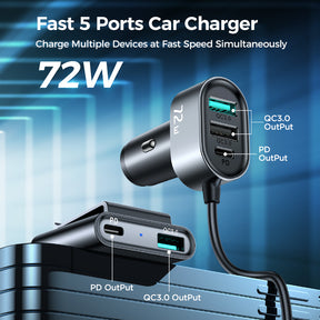 5 Multi-port(2 PD + 3 QC3.0) Fast Car Charger Adapter 72W for Front/Back Seat Charging