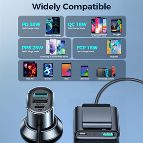 5 Multi-port(2 PD + 3 QC3.0) Fast Car Charger Adapter 72W for Front/Back Seat Charging