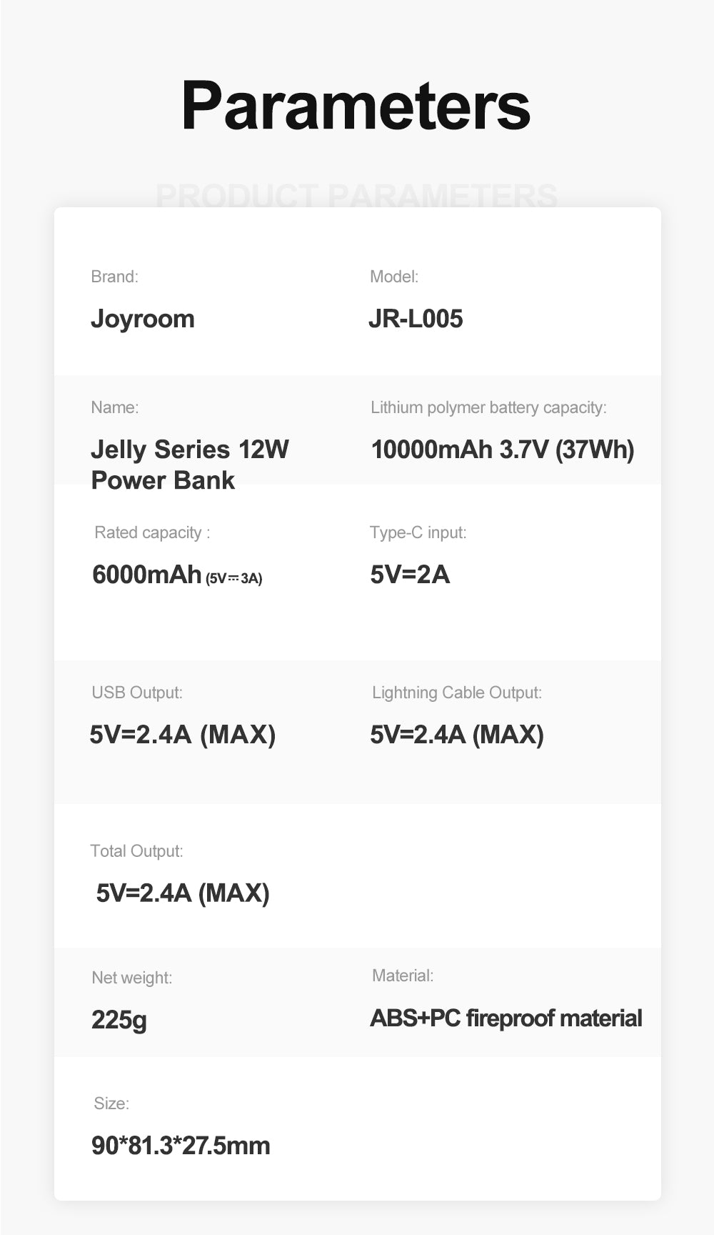 JR-L002/003 Jelly Series 22.5W Power Bank 10000mAh (Type-C) / (Lightning)