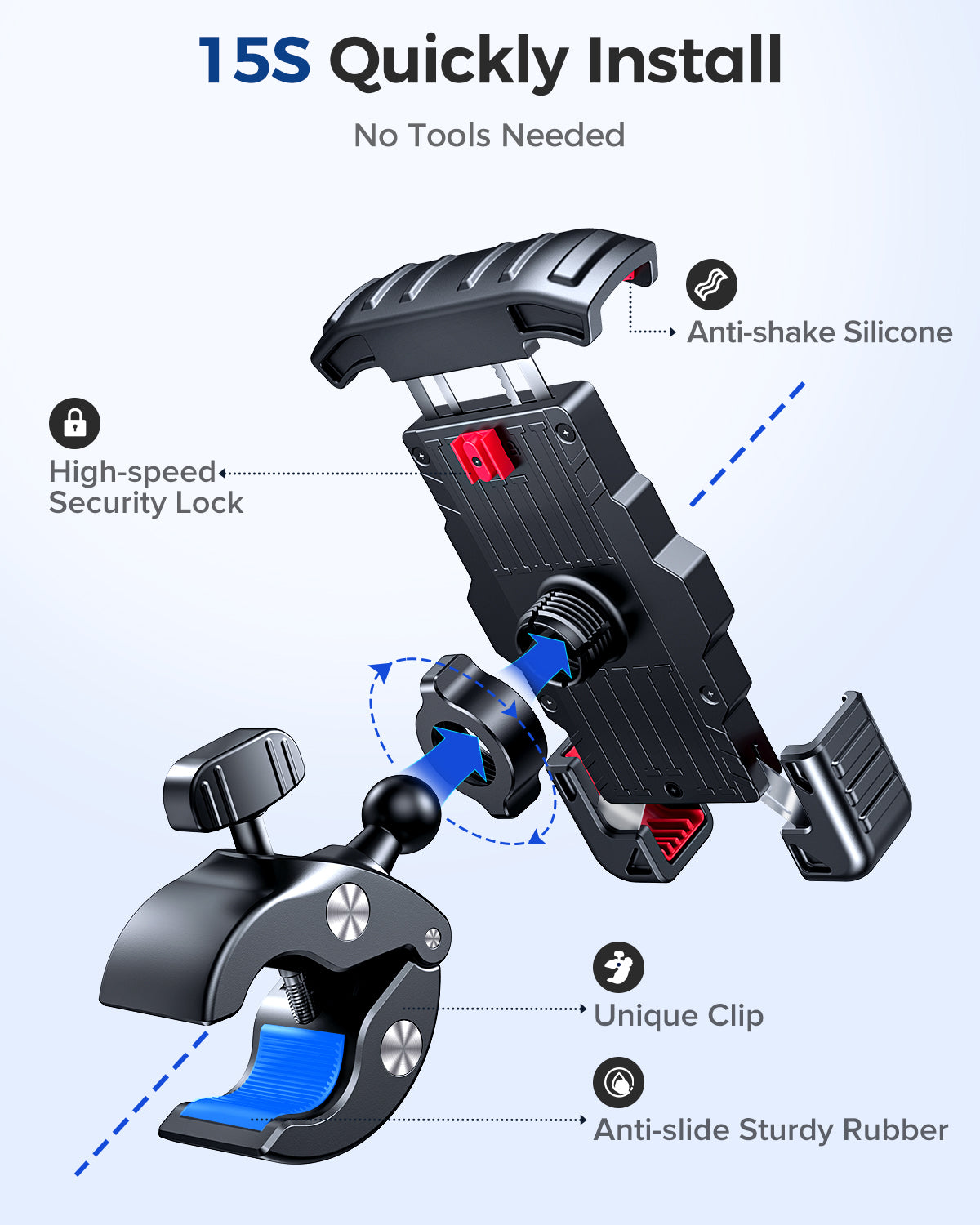 One-Push Motorcycle Phone Mount,15s Quickly Install,1 Second Automatically Lock & Release,High-Speed Secure Switch,Bike Accessories for Motorcycle,Widely Compatible for Cellphone(4.7"-7")