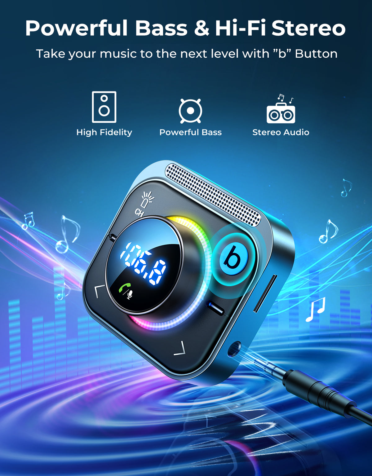 JOYROOM【Air Vent Installation & Bass Boost】 3 Ports PD&QC 3.0 FM Transmitter for Car, Radio Bluetooth Receiver for Car HD Calling and Enjoy Music