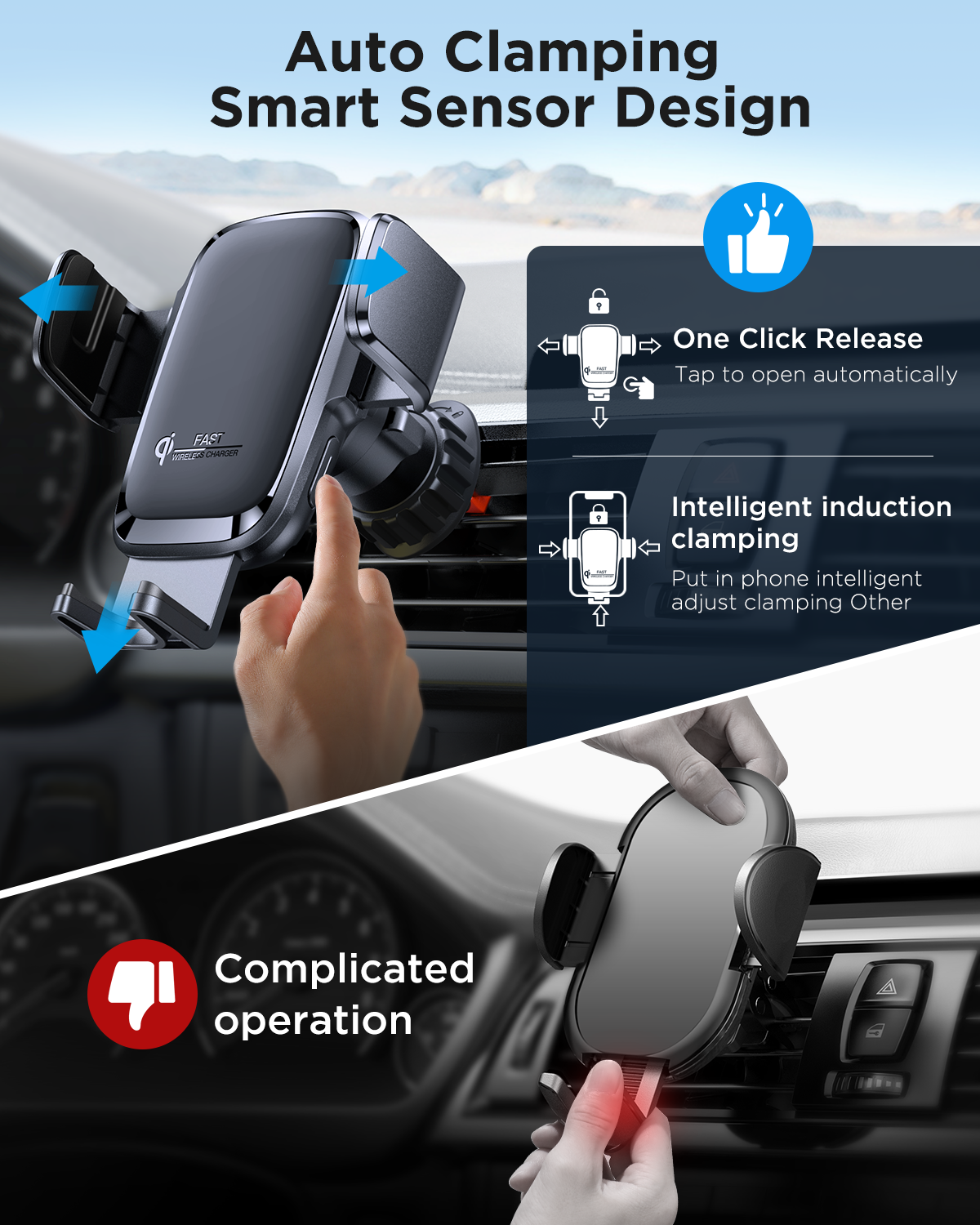 15W Auto Sensor & Touch Sensor Car Mount Wireless Charger