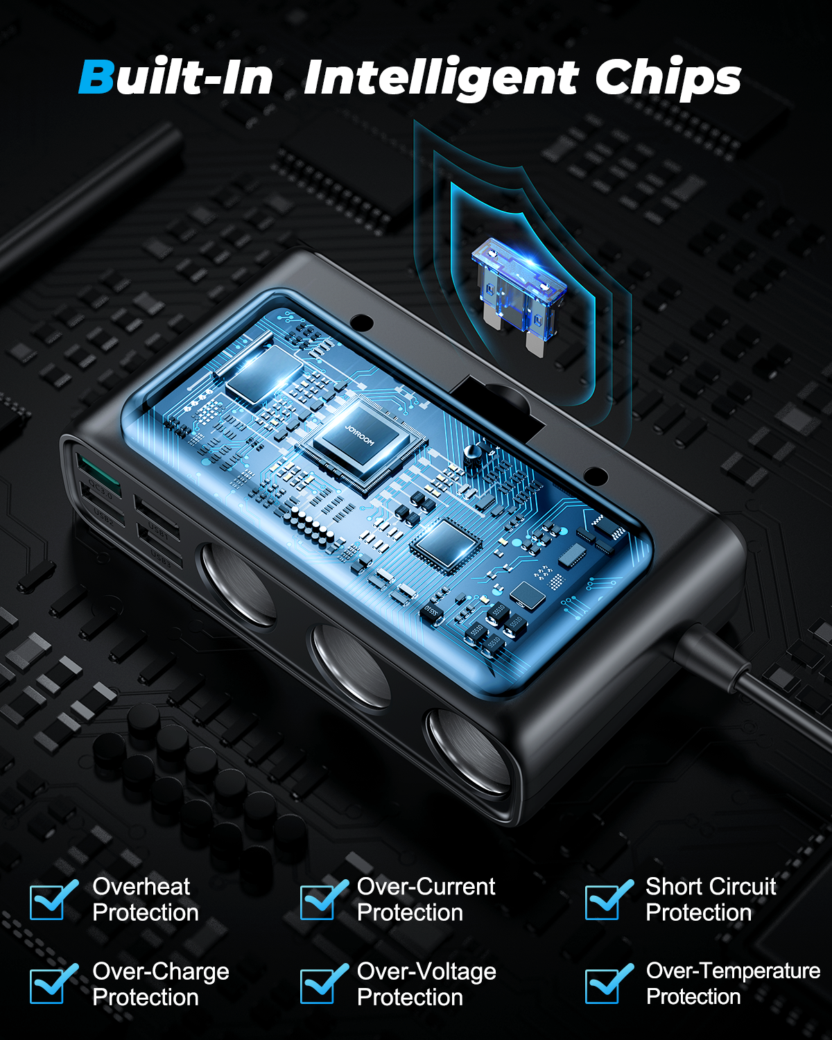 JOYROOM JR-CL06 210W Multi-Port Car Cigarette Lighter Car Charger 3 154W Car cigarette lighter adapter with three sockets +six ports (PD+QC3.0+USB*4)