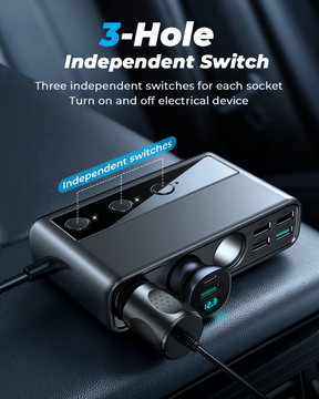 154W Car cigarette lighter adapter with three sockets +six ports （PD+QC3.0+USB*4）