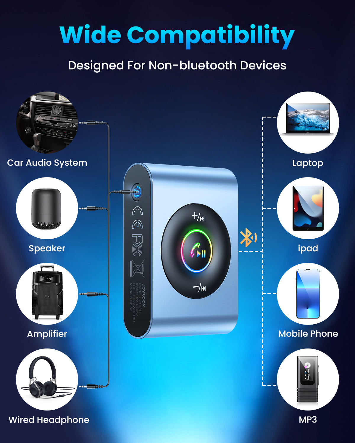 JR-CB1 Bluetooth Wireless Receiver for Car Stereo/Home Stereo/Wired Headphones/Speaker