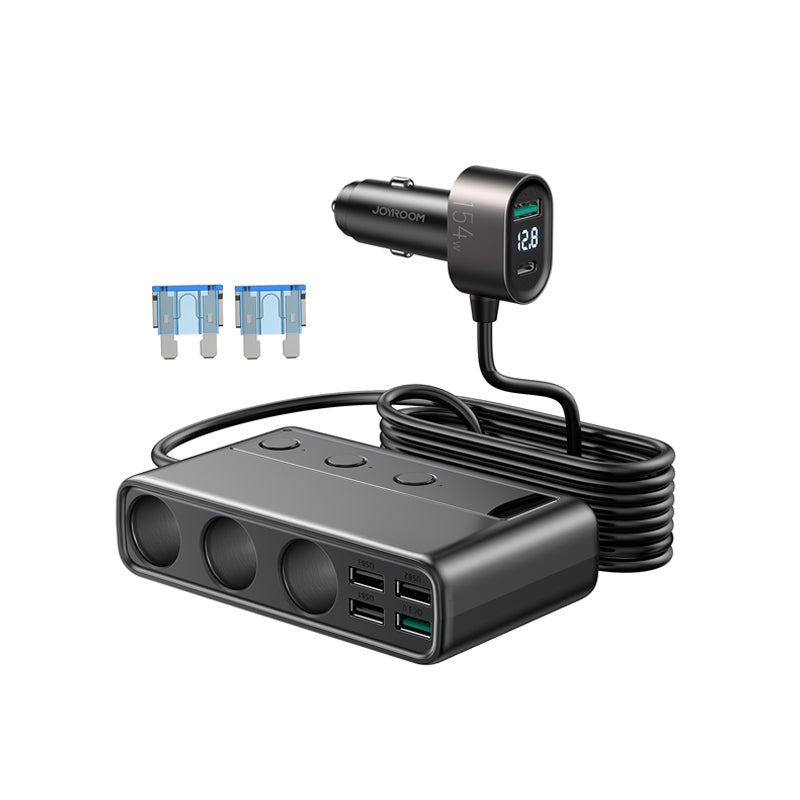 154W Car cigarette lighter adapter with three sockets +six ports （PD+QC3.0+USB*4）